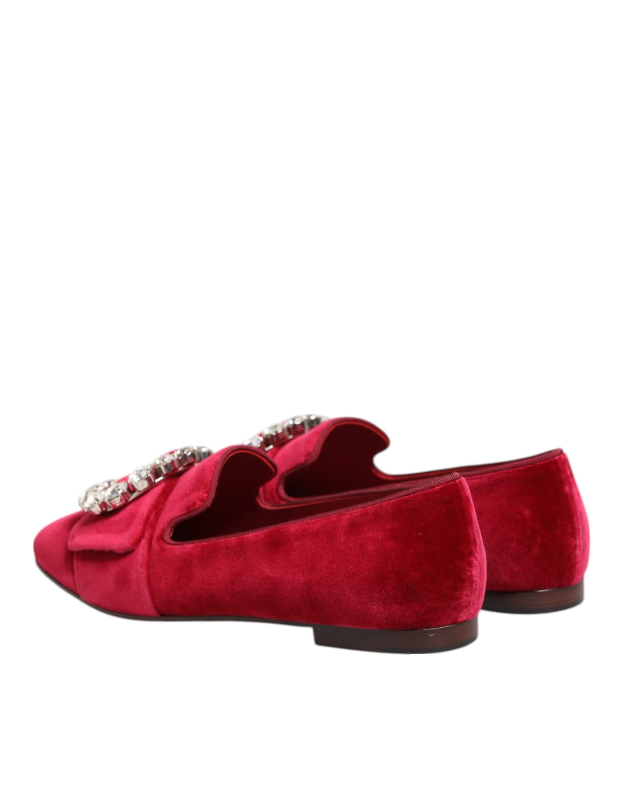 Dolce &amp; Gabbana Red Velvet Crystal Buckle Loafers Flats Shoes
