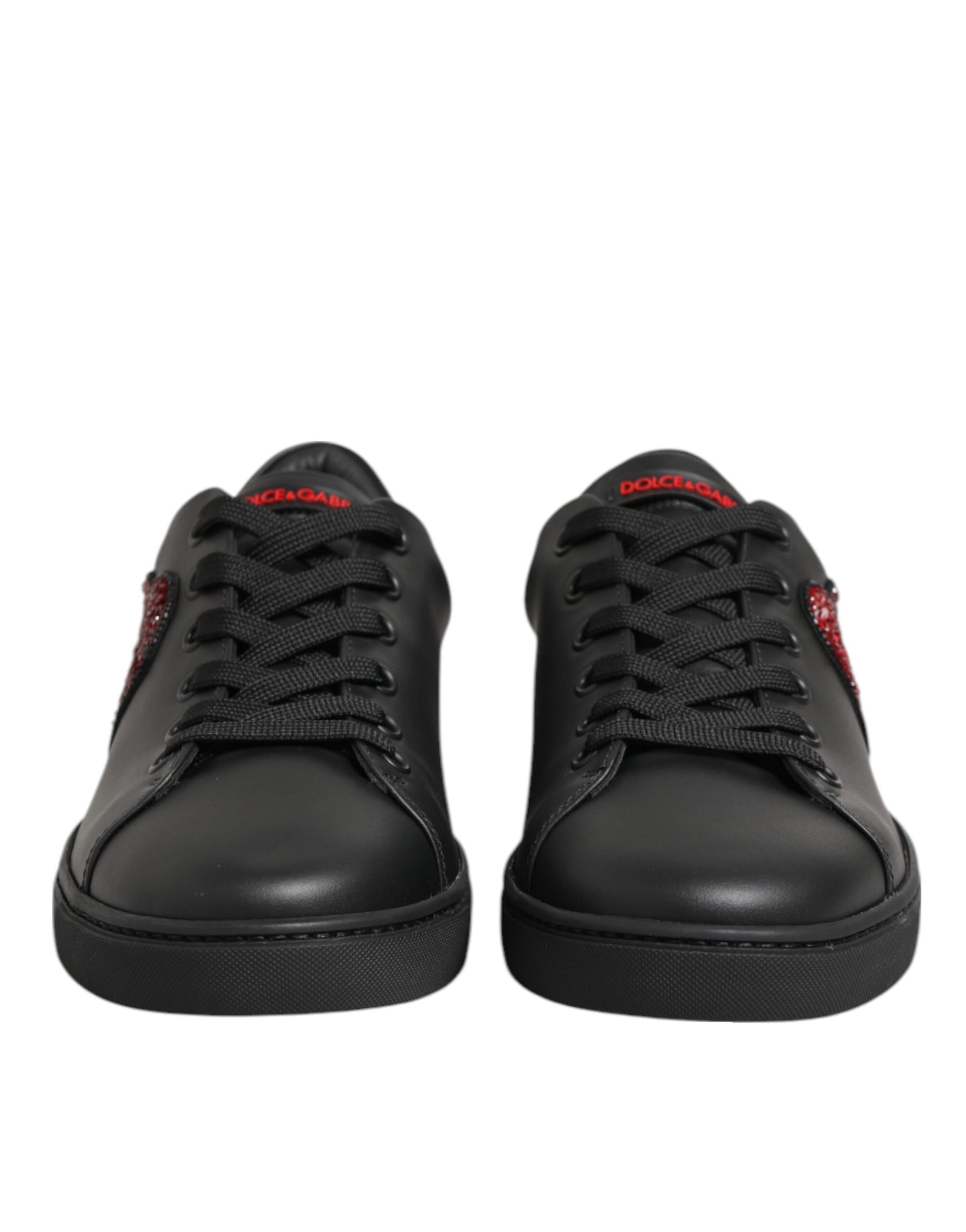 Dolce &amp; Gabbana Black Leather Crystal Heart Low Top Sneakers  Shoes