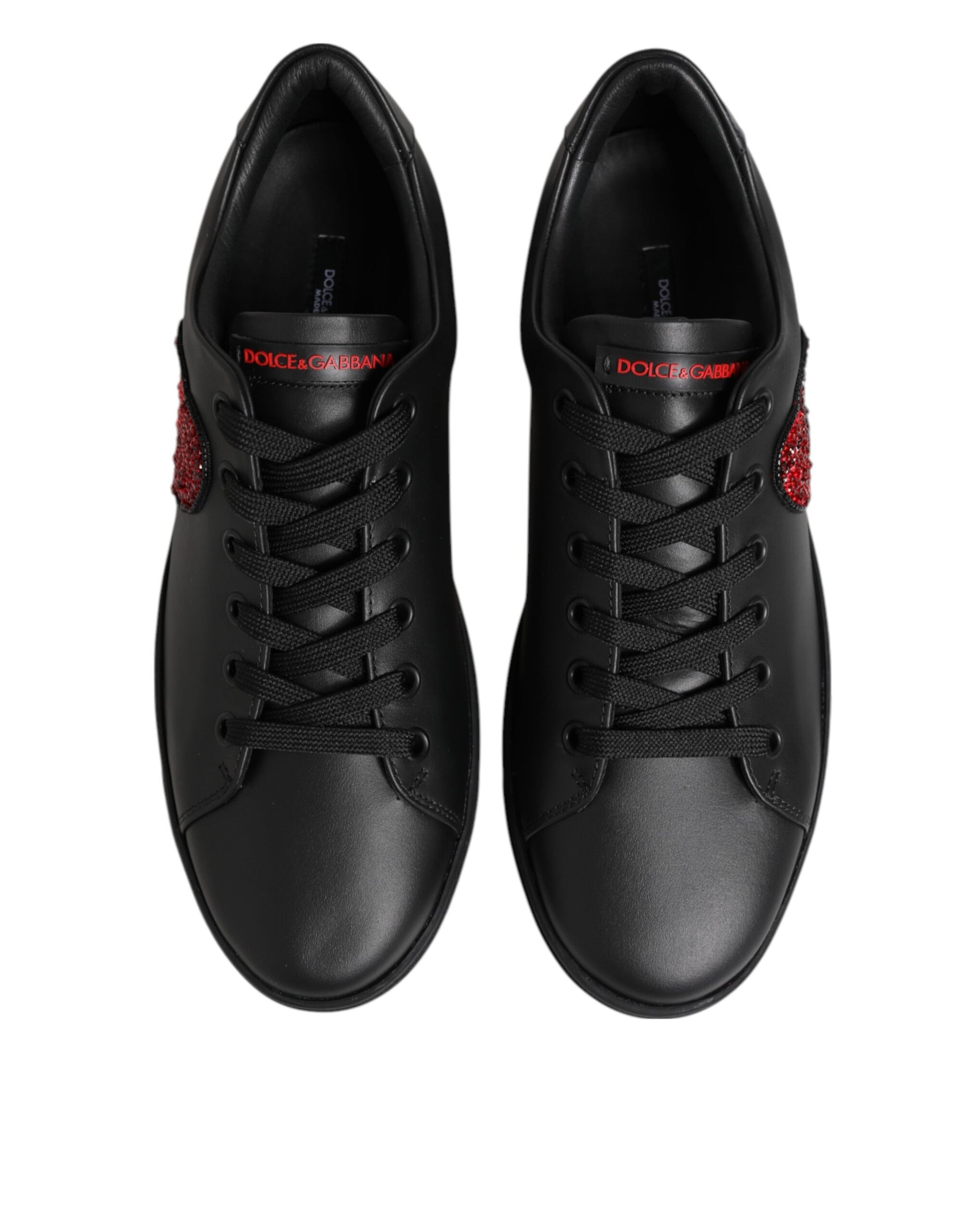 Dolce &amp; Gabbana Black Leather Crystal Heart Low Top Sneakers  Shoes