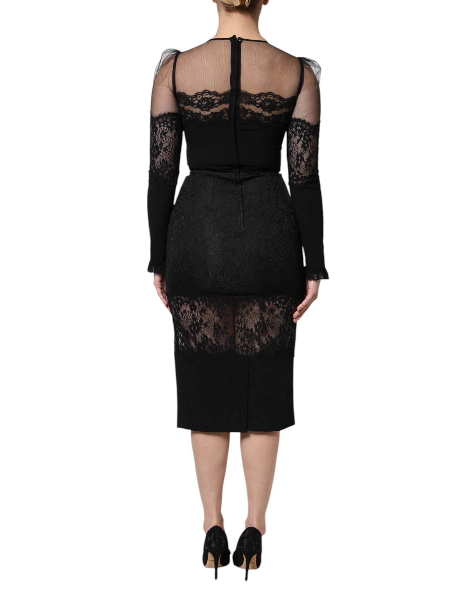 Dolce &amp; Gabbana Black Lace Trim Nylon Tulle SheathMidi Dress