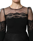Dolce & Gabbana Black Lace Trim Nylon Tulle SheathMidi Dress