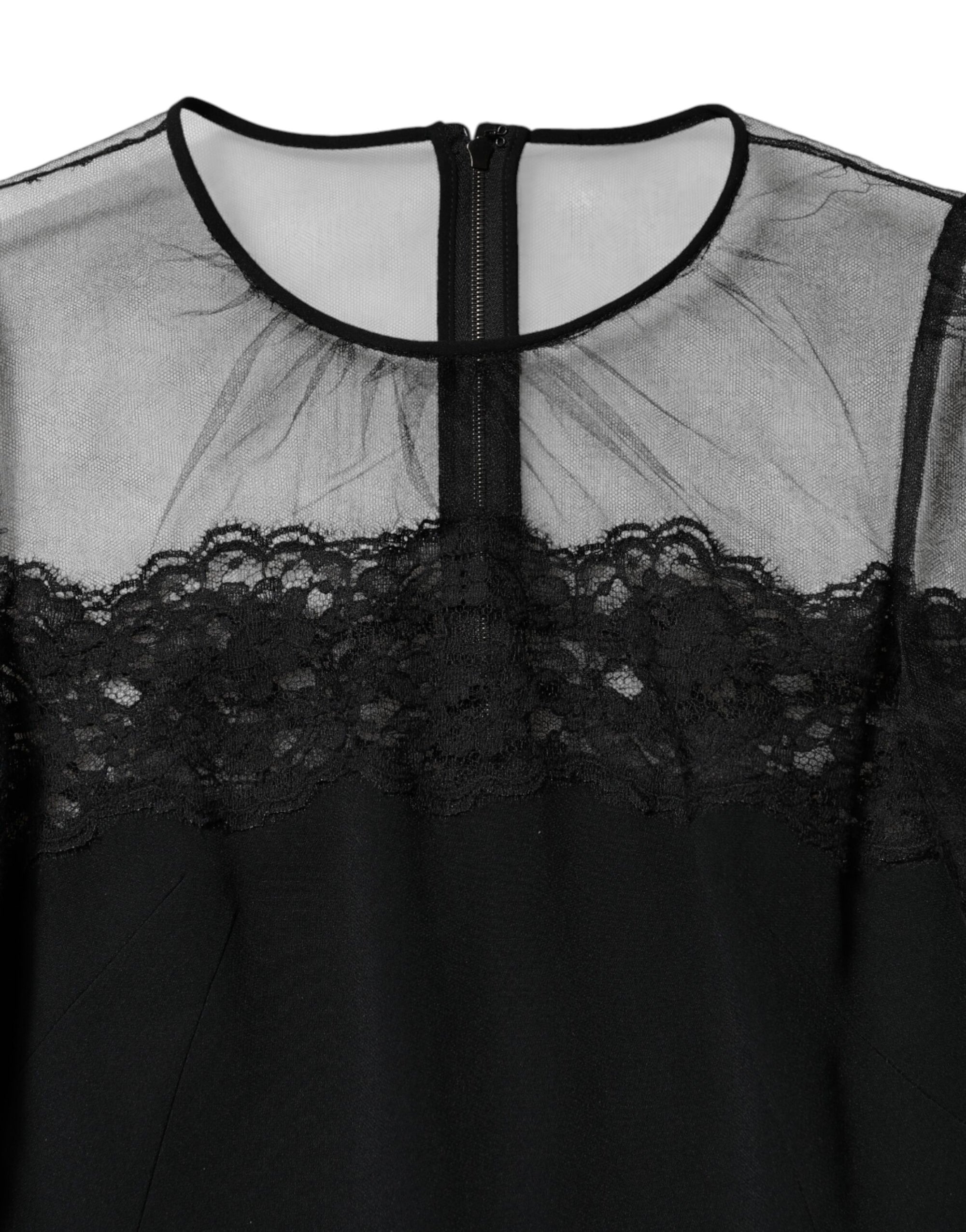 Dolce &amp; Gabbana Black Lace Trim Nylon Tulle SheathMidi Dress