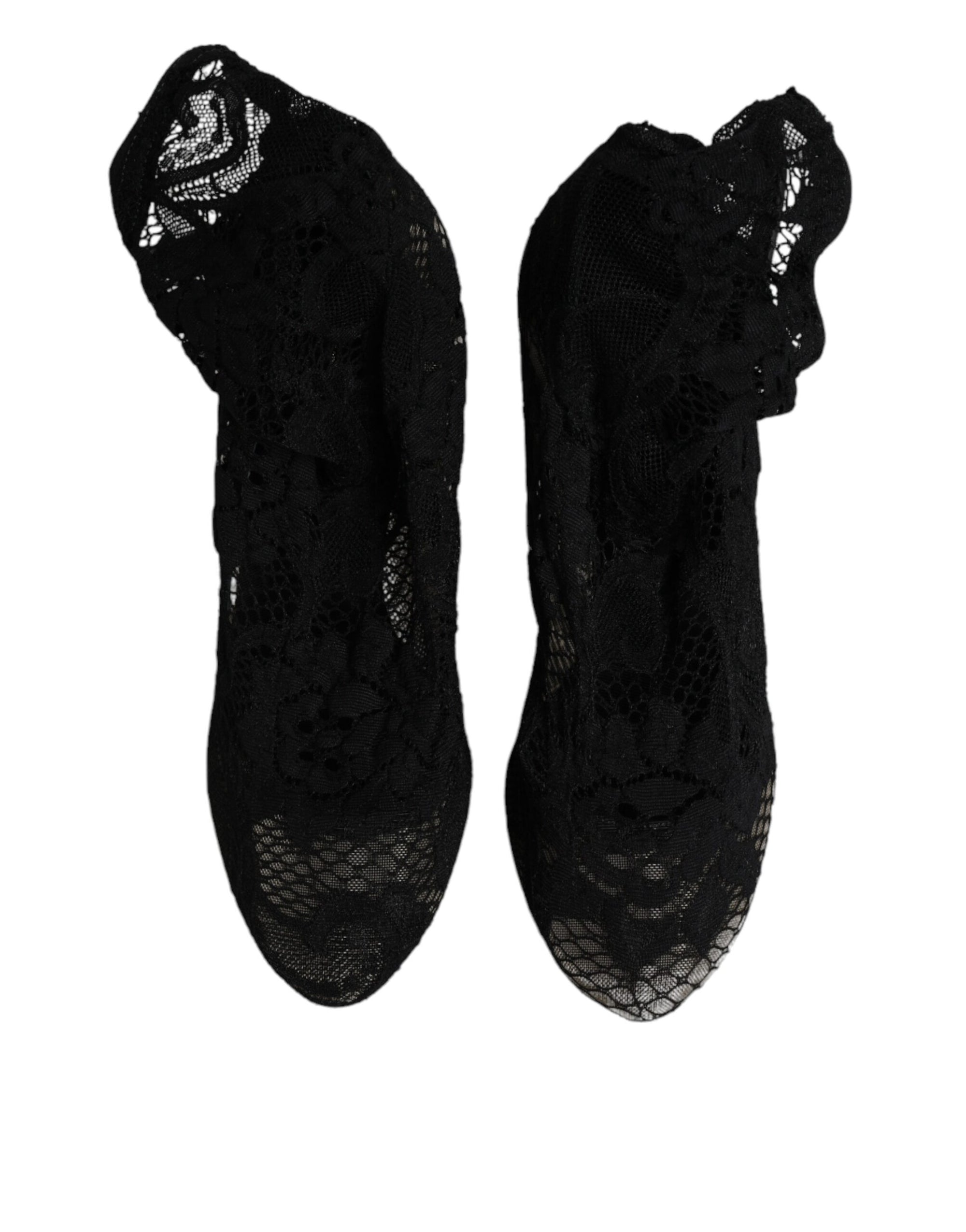 Dolce &amp; Gabbana Black Lace Stretch Heels Mid Calf Boots Shoes