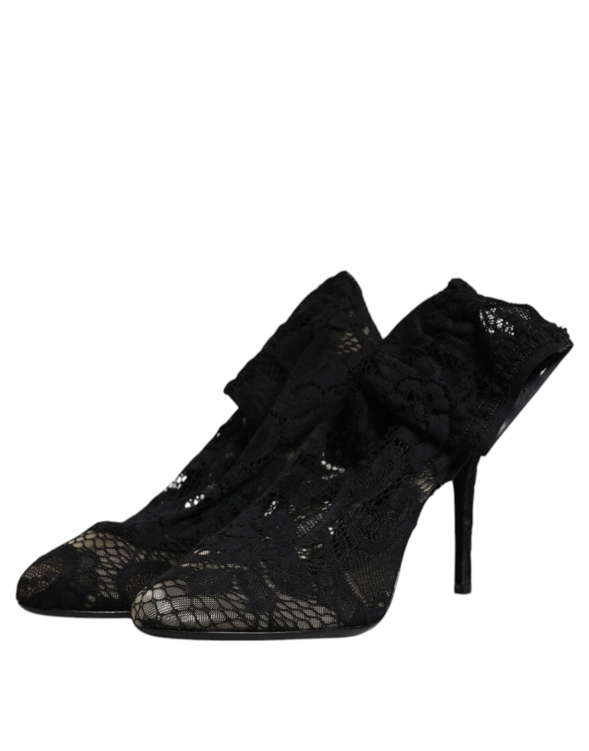 Dolce &amp; Gabbana Black Lace Stretch Heels Mid Calf Boots Shoes
