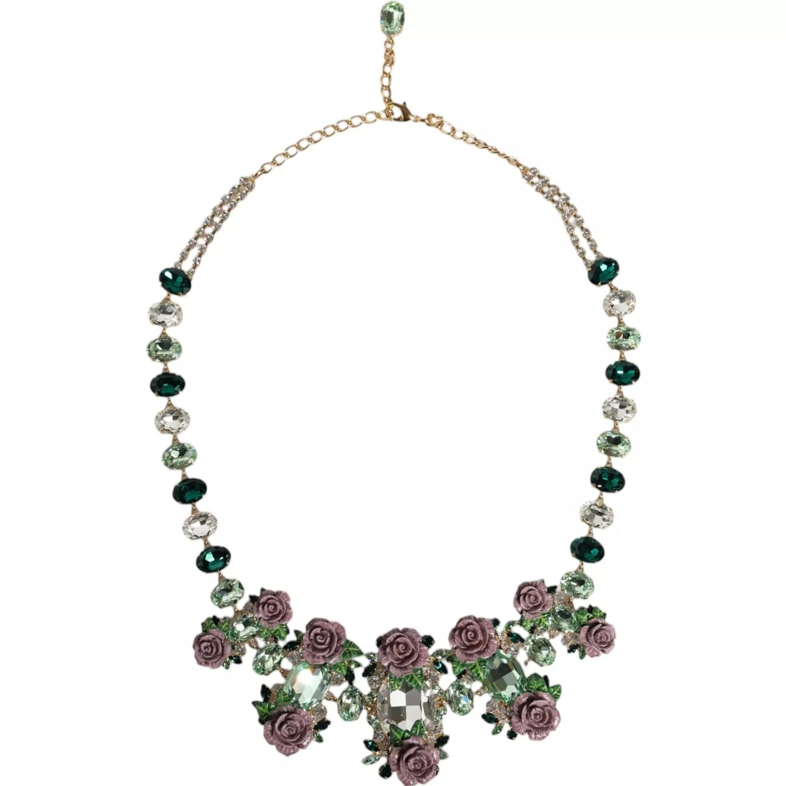 Dolce &amp; Gabbana Gold Brass Link Chain Rose Petal Crystal Necklace