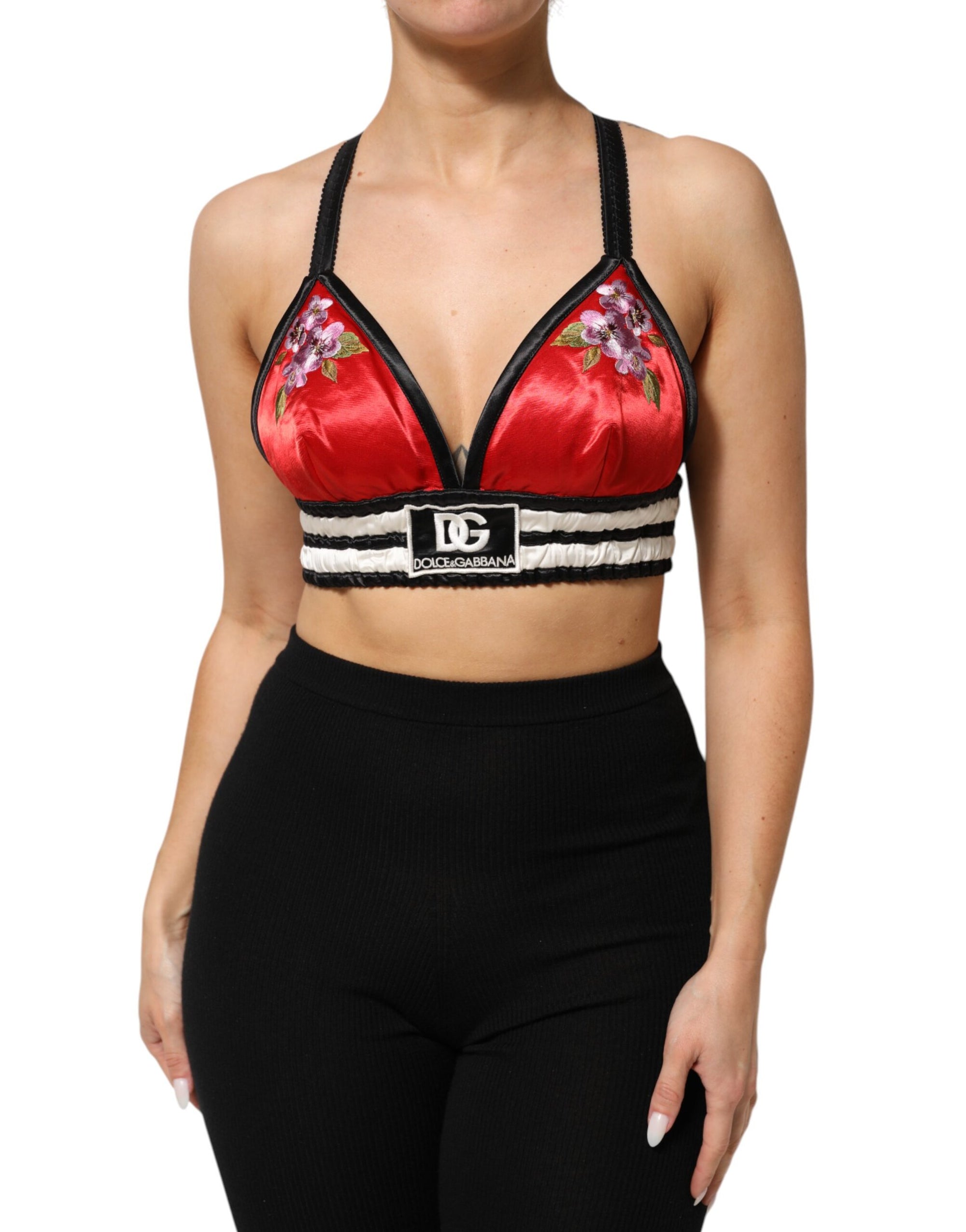 Dolce &amp; Gabbana Red Satin Floral Embroidered Bralette Crop Top