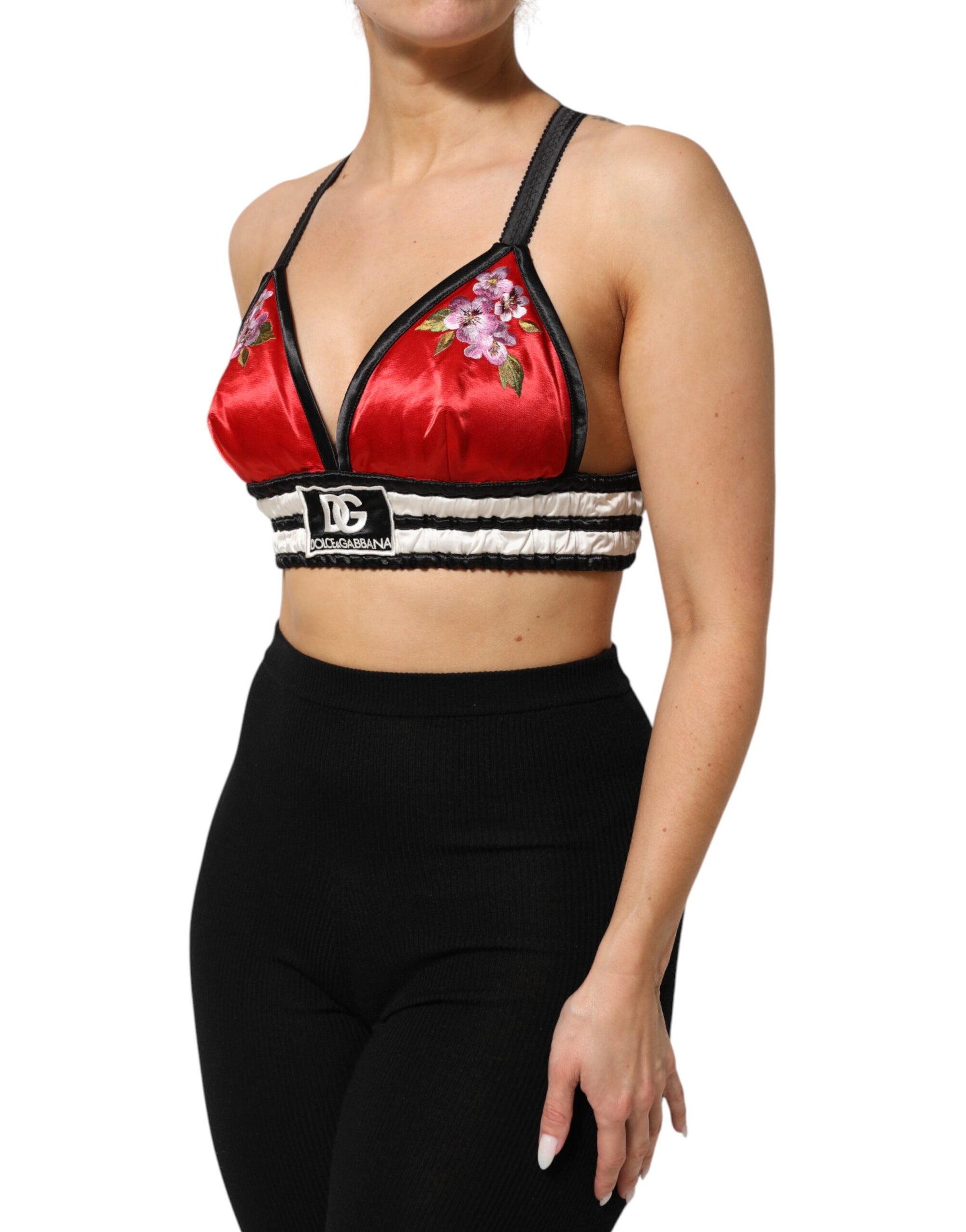 Dolce &amp; Gabbana Red Satin Floral Embroidered Bralette Crop Top