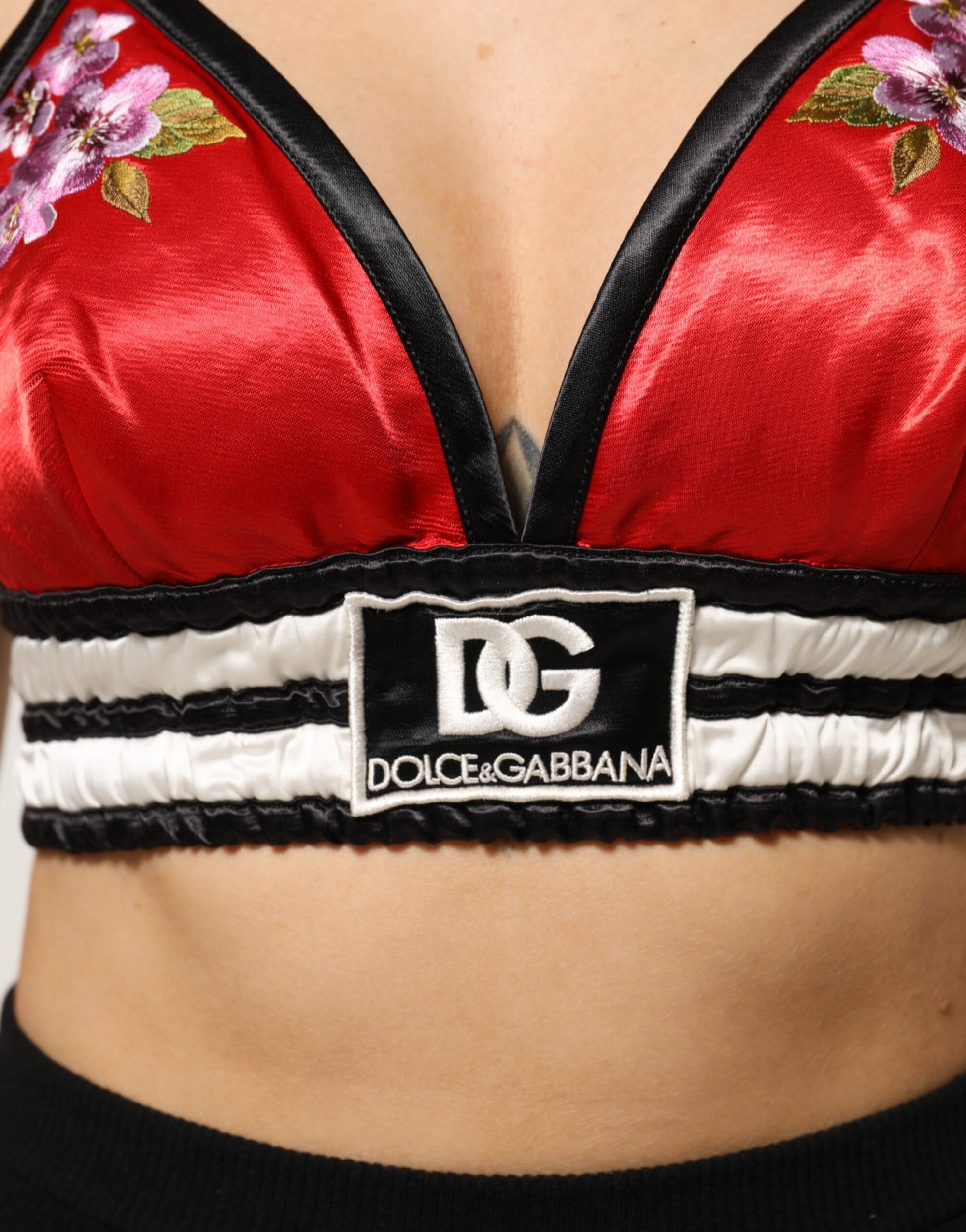 Dolce &amp; Gabbana Red Satin Floral Embroidered Bralette Crop Top