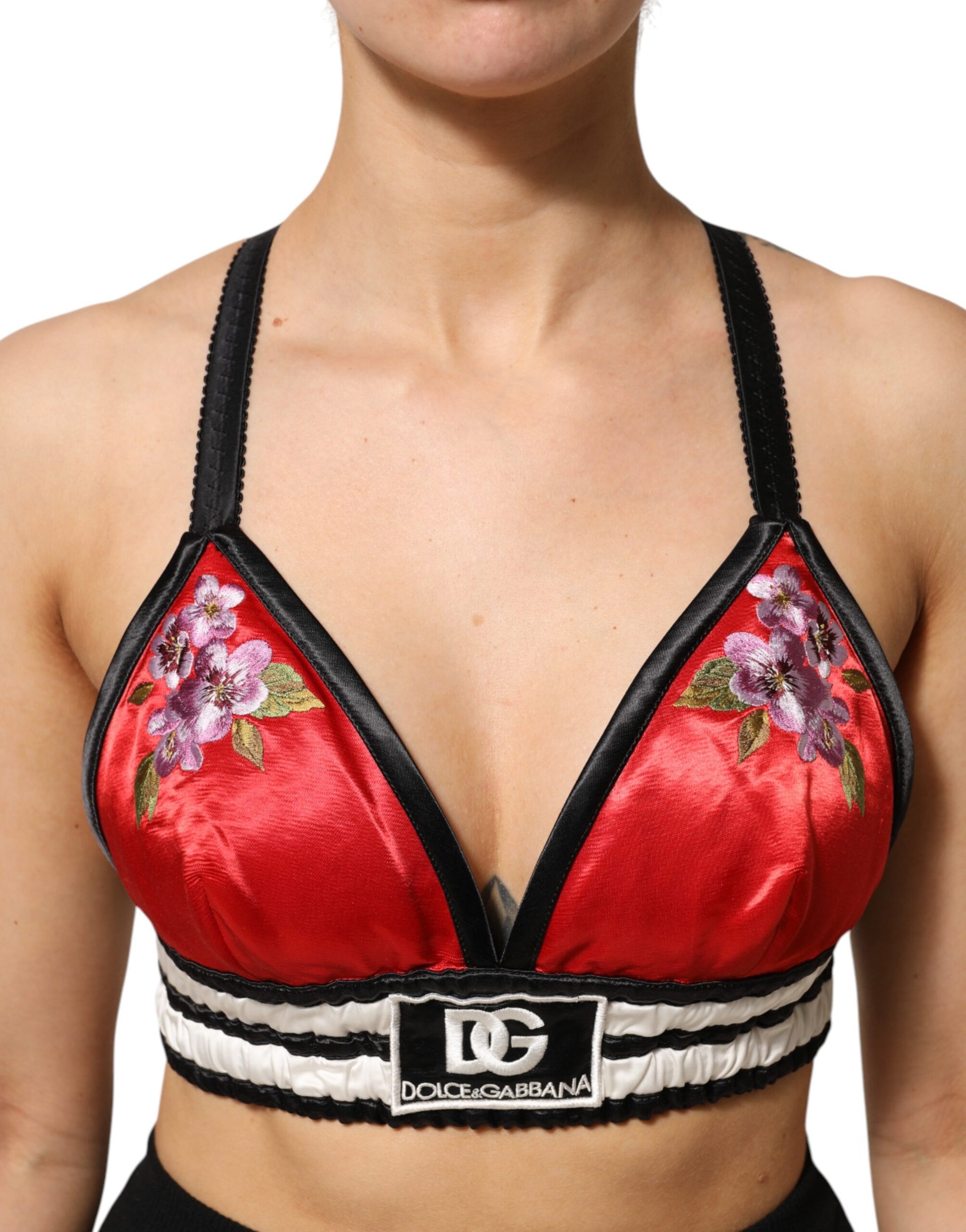 Dolce &amp; Gabbana Red Satin Floral Embroidered Bralette Crop Top