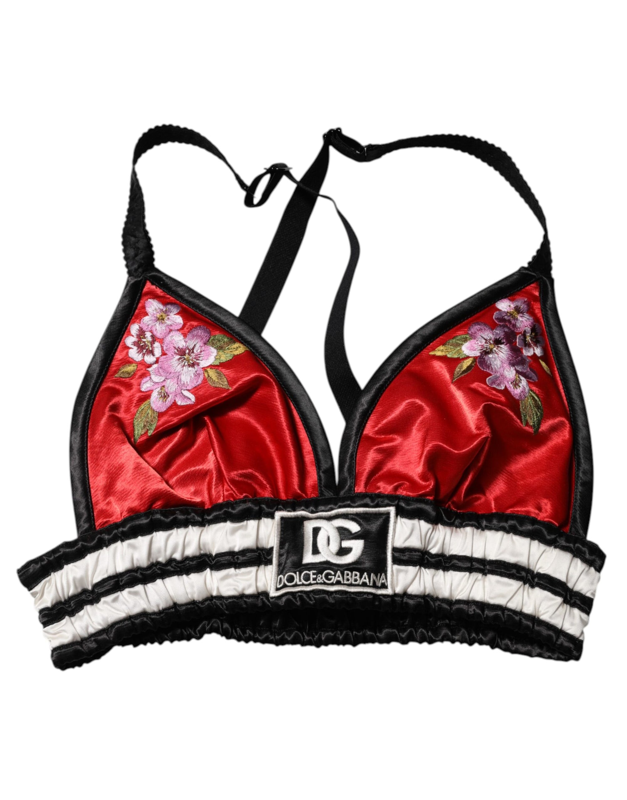 Dolce &amp; Gabbana Red Satin Floral Embroidered Bralette Crop Top