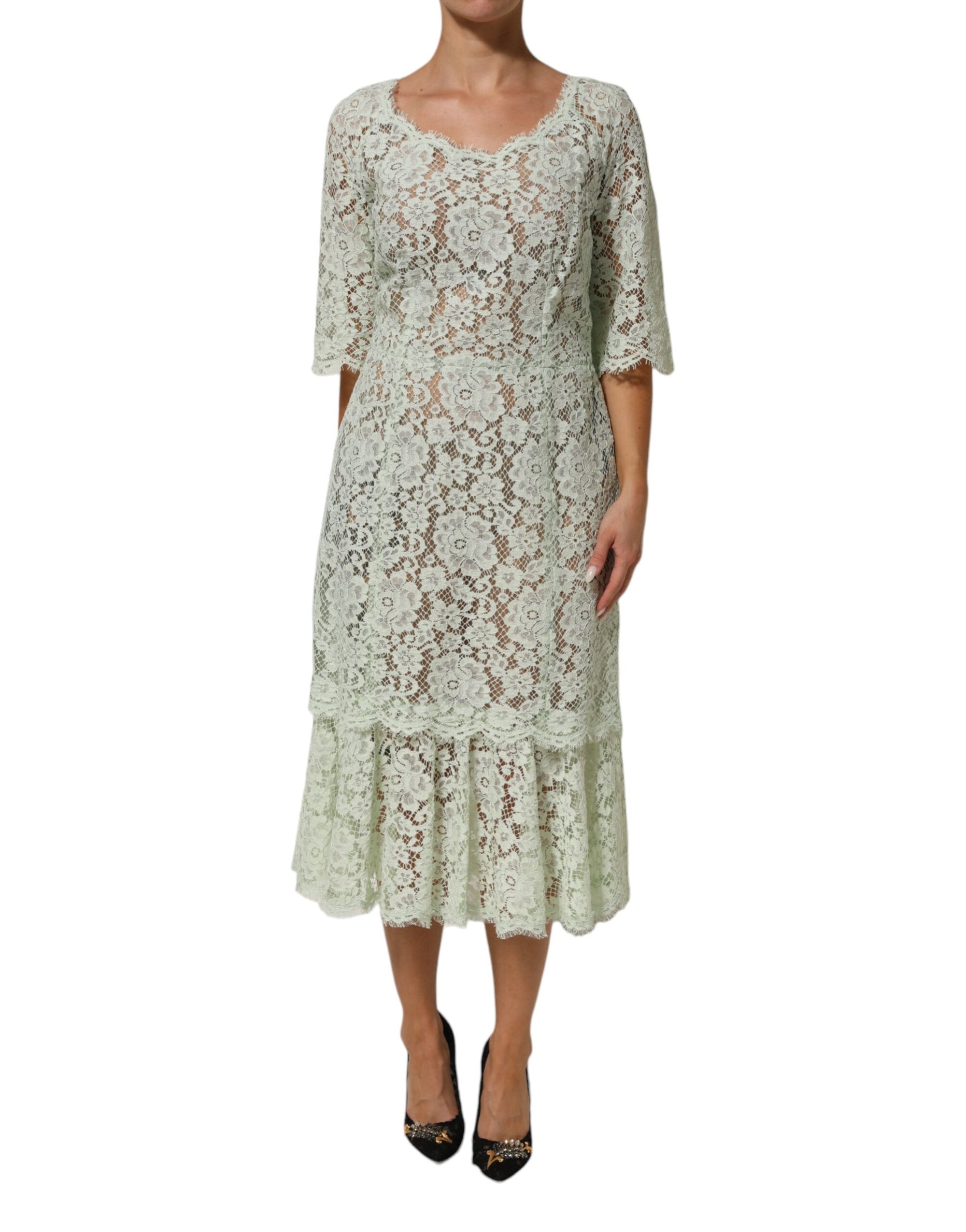 Dolce &amp; Gabbana Mint Green Floral Lace Trim Midi Dress