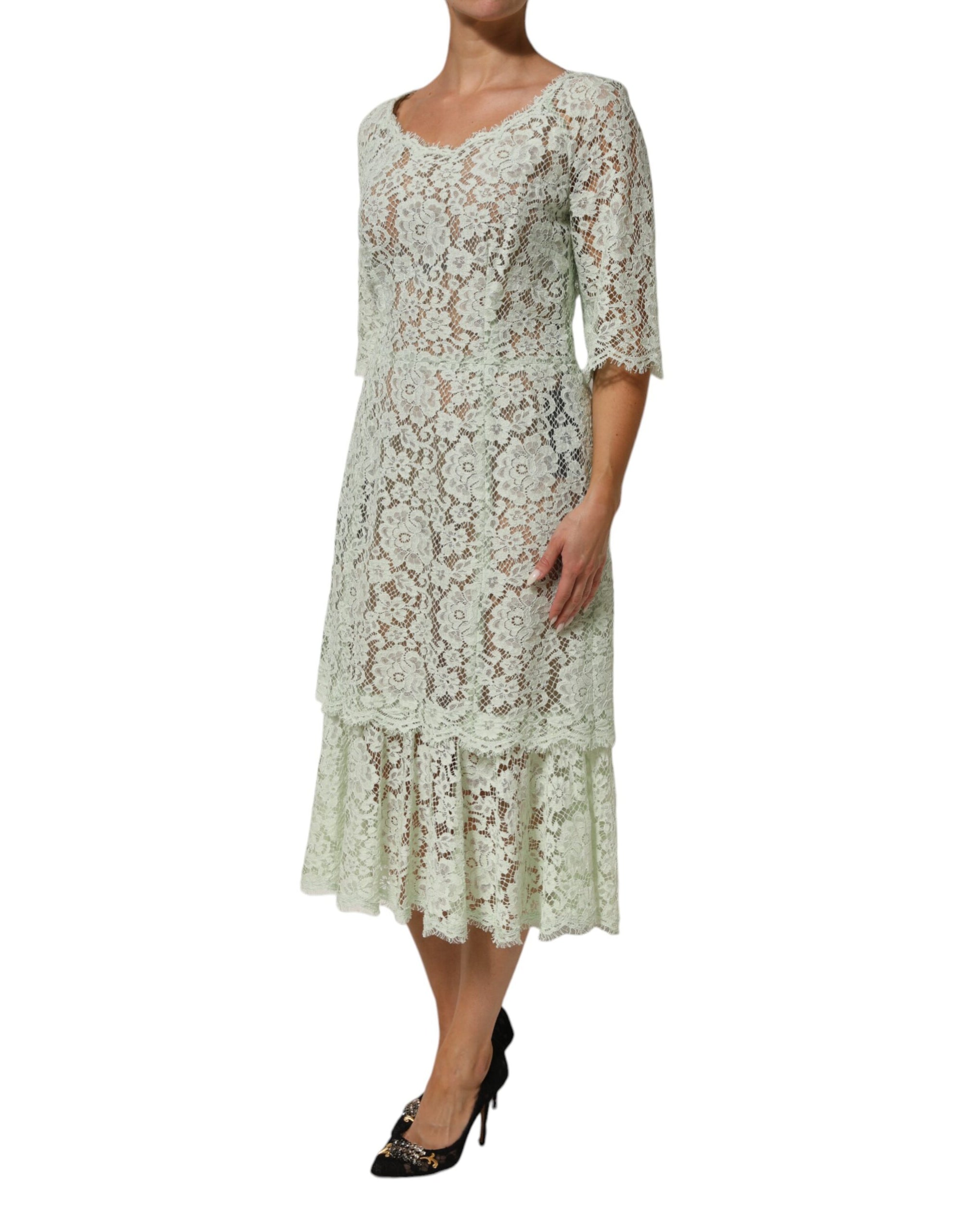 Dolce &amp; Gabbana Mint Green Floral Lace Trim Midi Dress