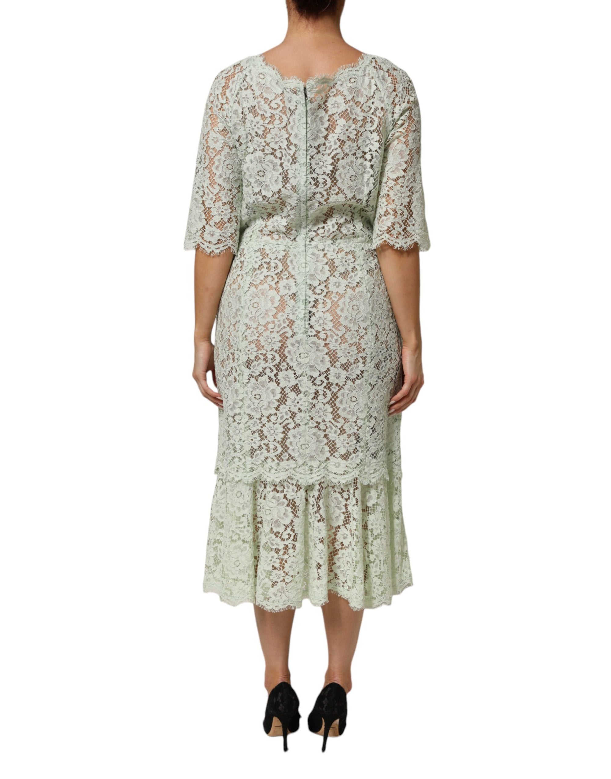 Dolce &amp; Gabbana Mint Green Floral Lace Trim Midi Dress