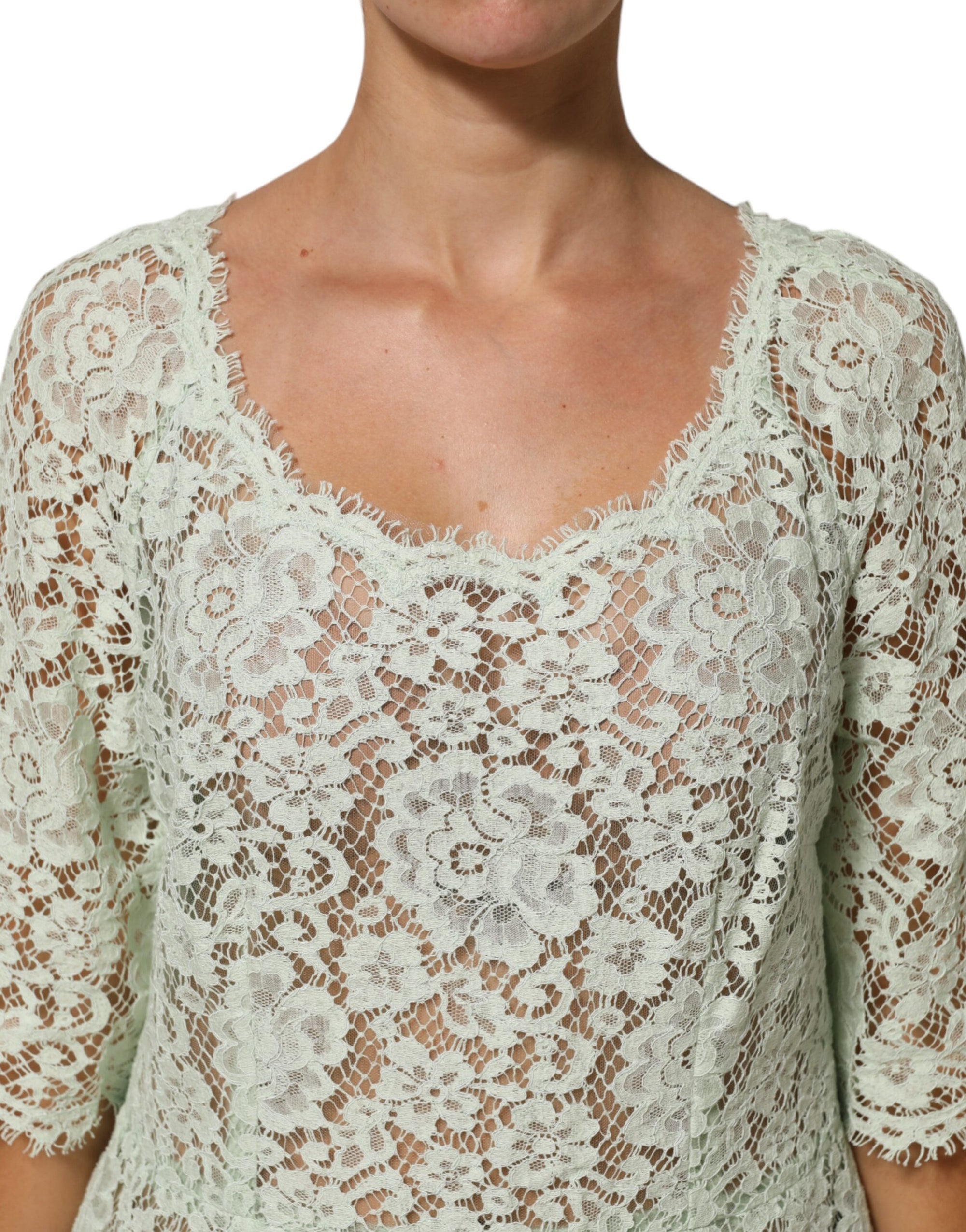 Dolce &amp; Gabbana Mint Green Floral Lace Trim Midi Dress
