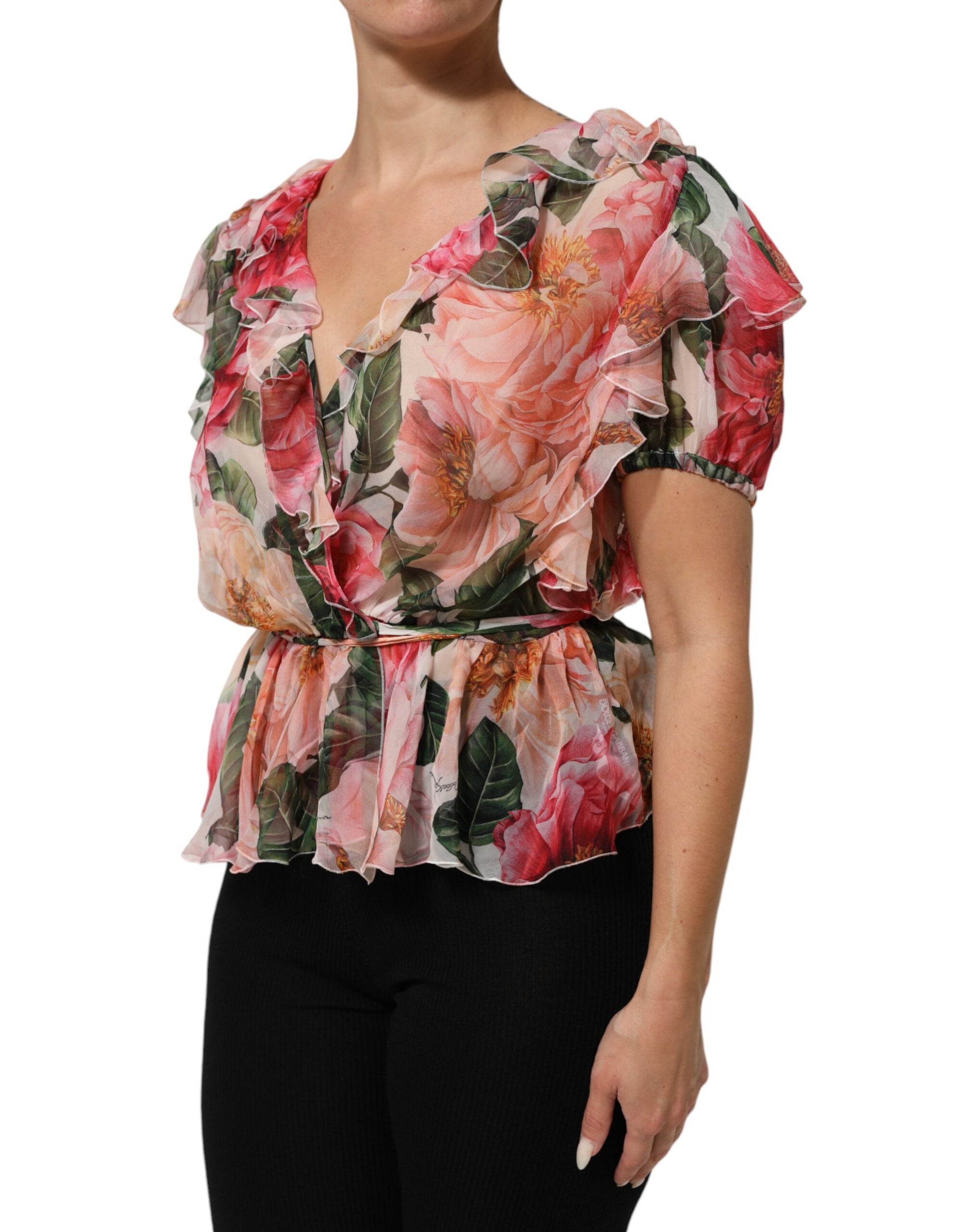 Dolce &amp; Gabbana Pink Camellias Printed Silk V-neck Blouse Top