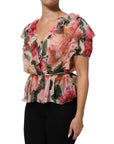 Dolce & Gabbana Pink Camellias Printed Silk V-neck Blouse Top