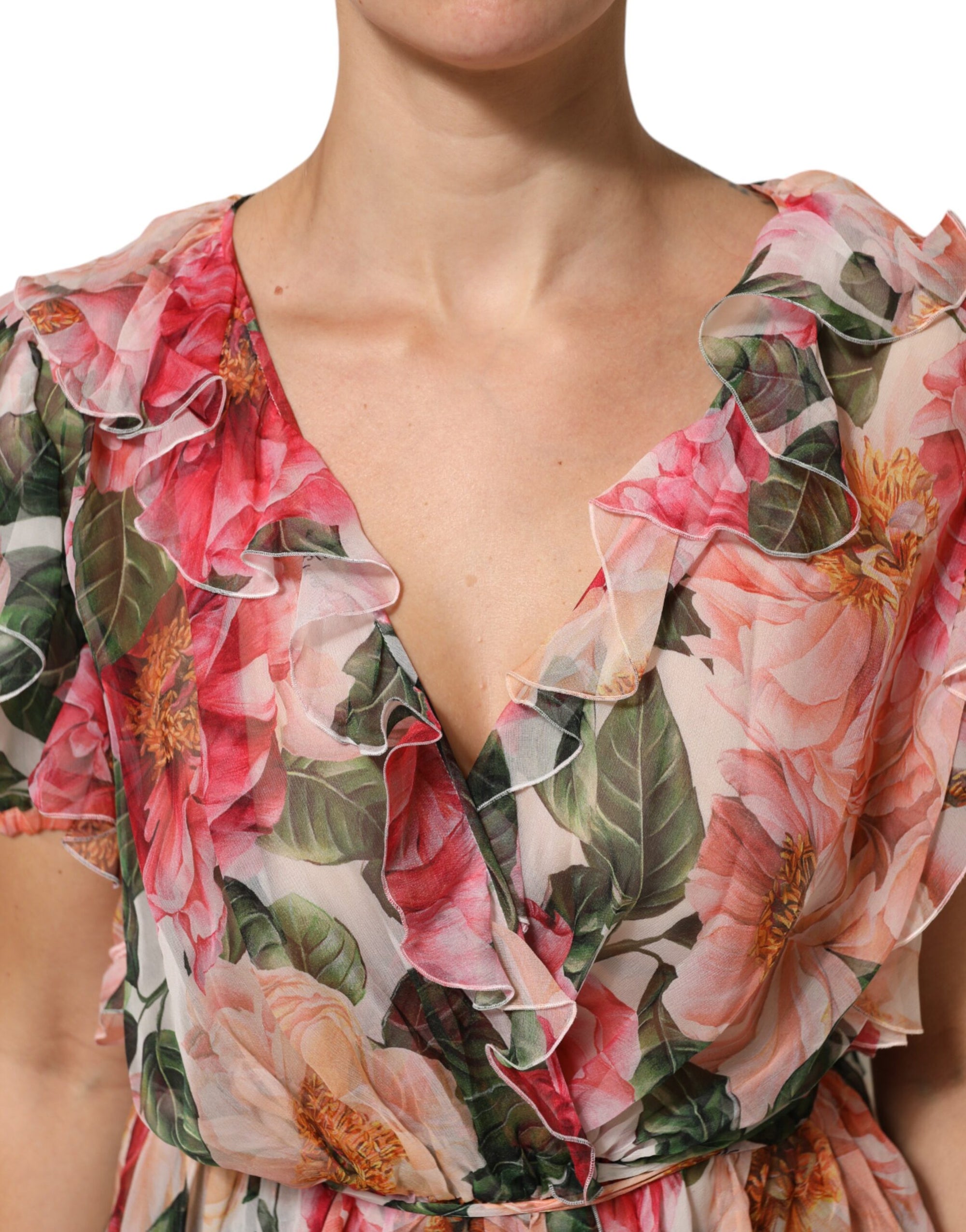 Dolce &amp; Gabbana Pink Camellias Printed Silk V-neck Blouse Top