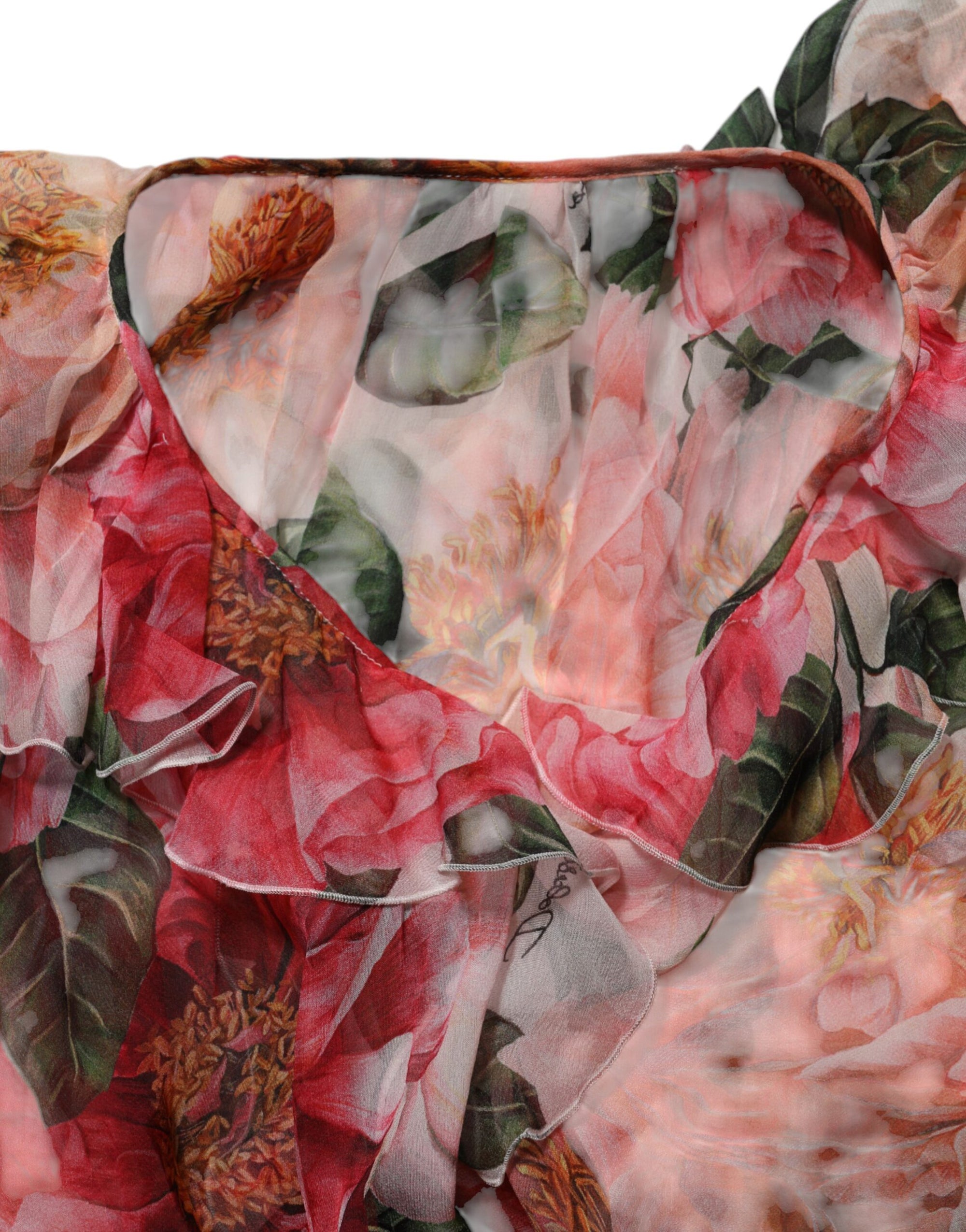 Dolce &amp; Gabbana Pink Camellias Printed Silk V-neck Blouse Top