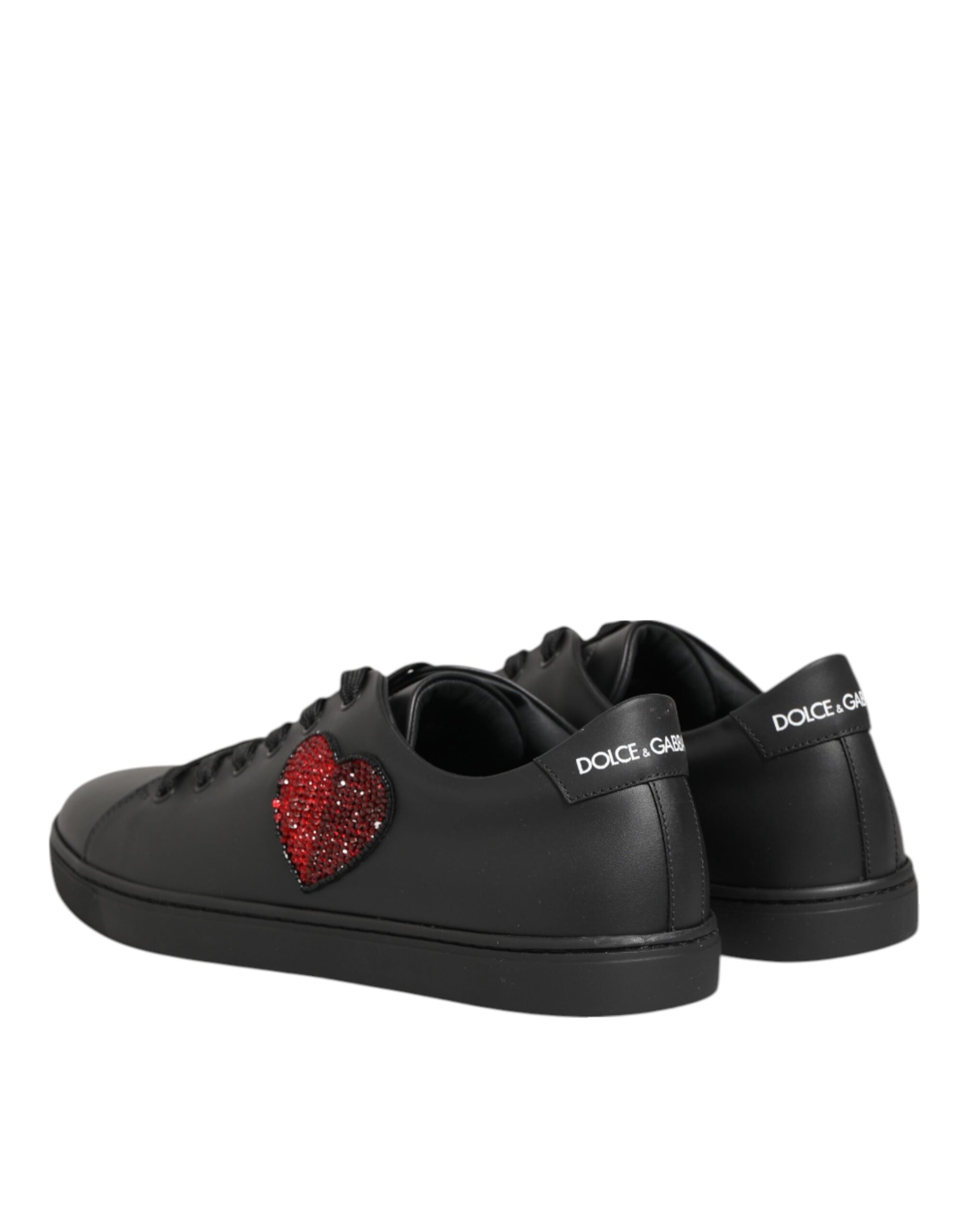 Dolce &amp; Gabbana Black Leather Crystal Heart Sneakers  Shoes