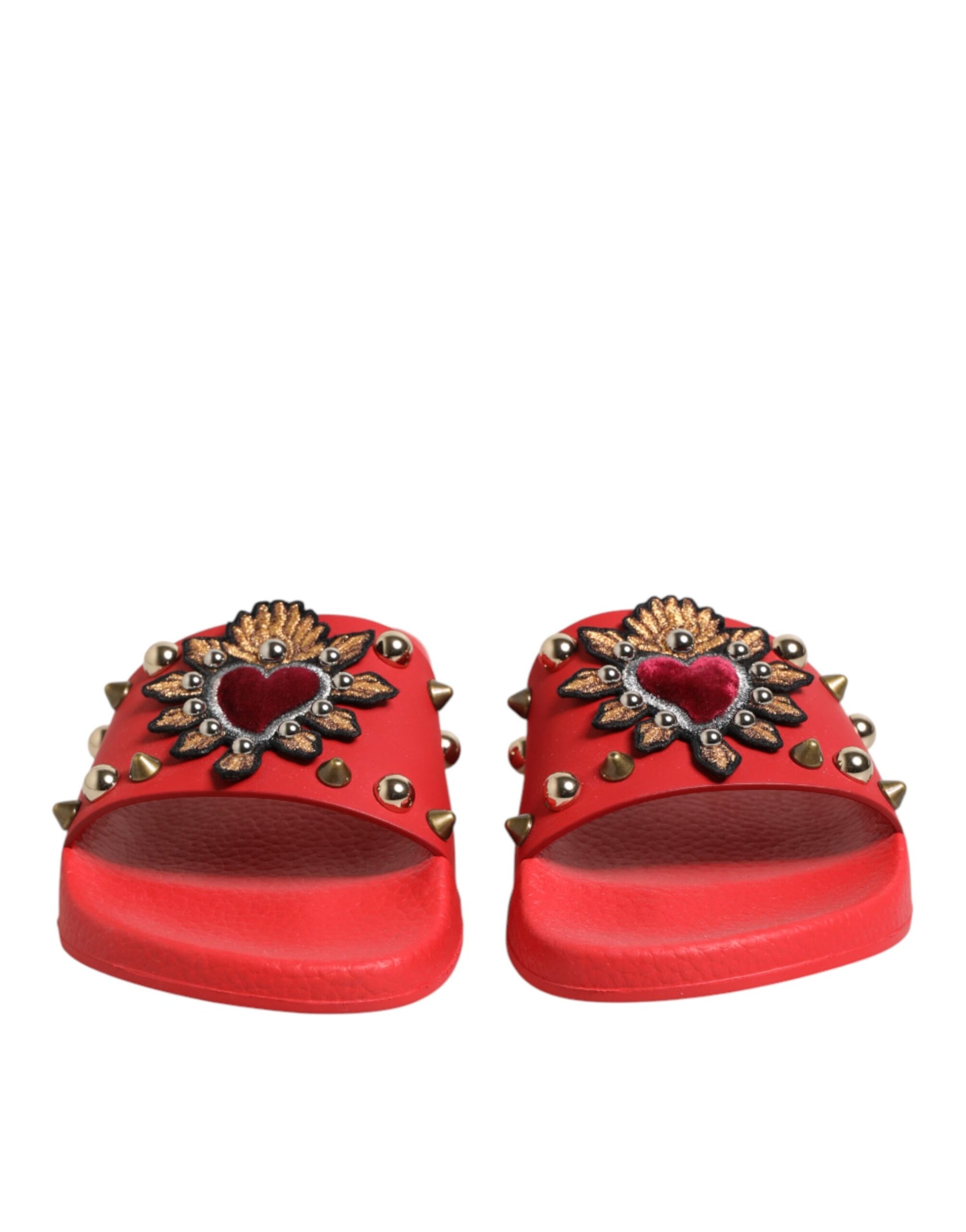 Dolce &amp; Gabbana Red Sacred Heart Stud Slides Beachwear Shoes