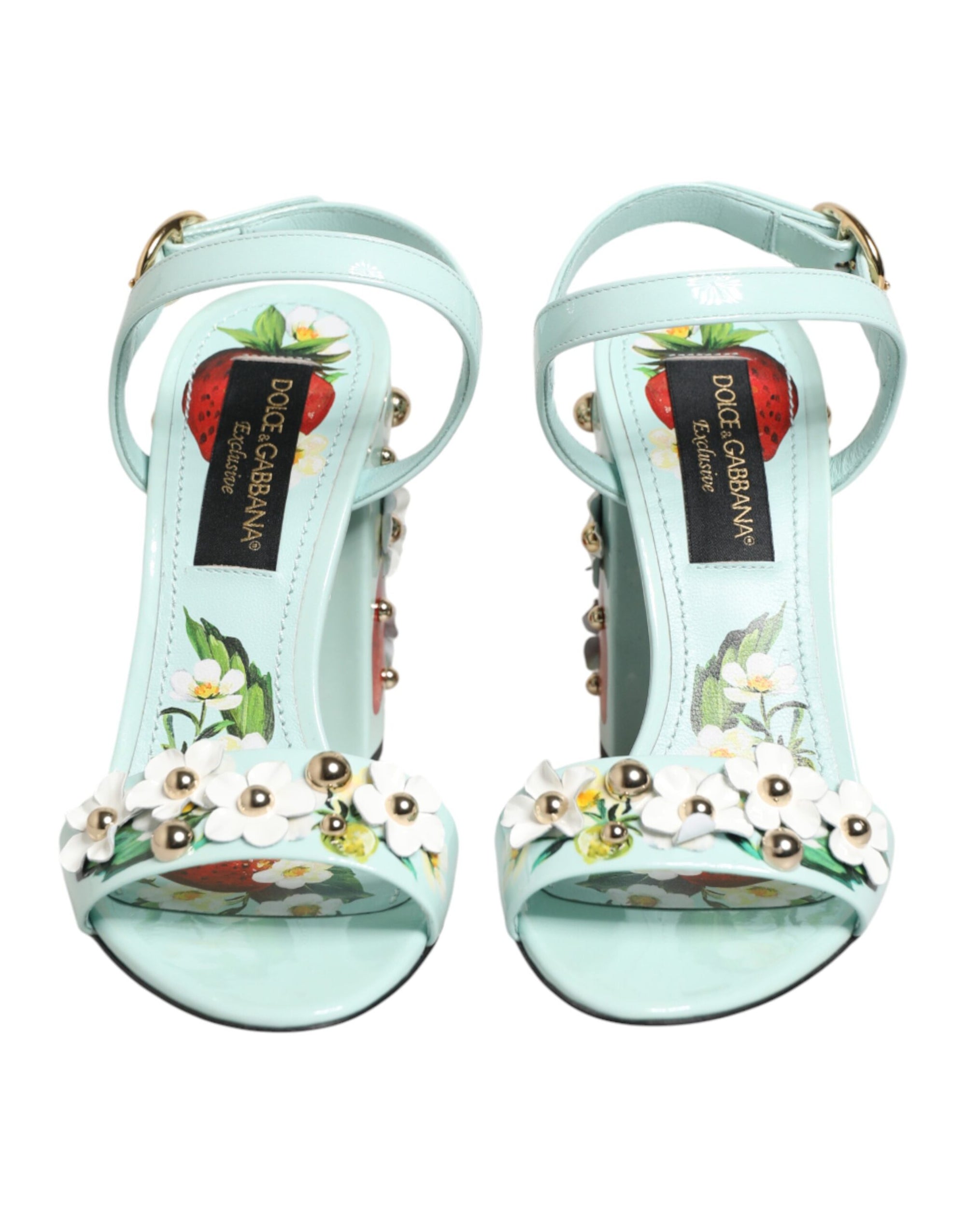 Dolce &amp; Gabbana Mint Green Floral Studs Heels Sandals Shoes