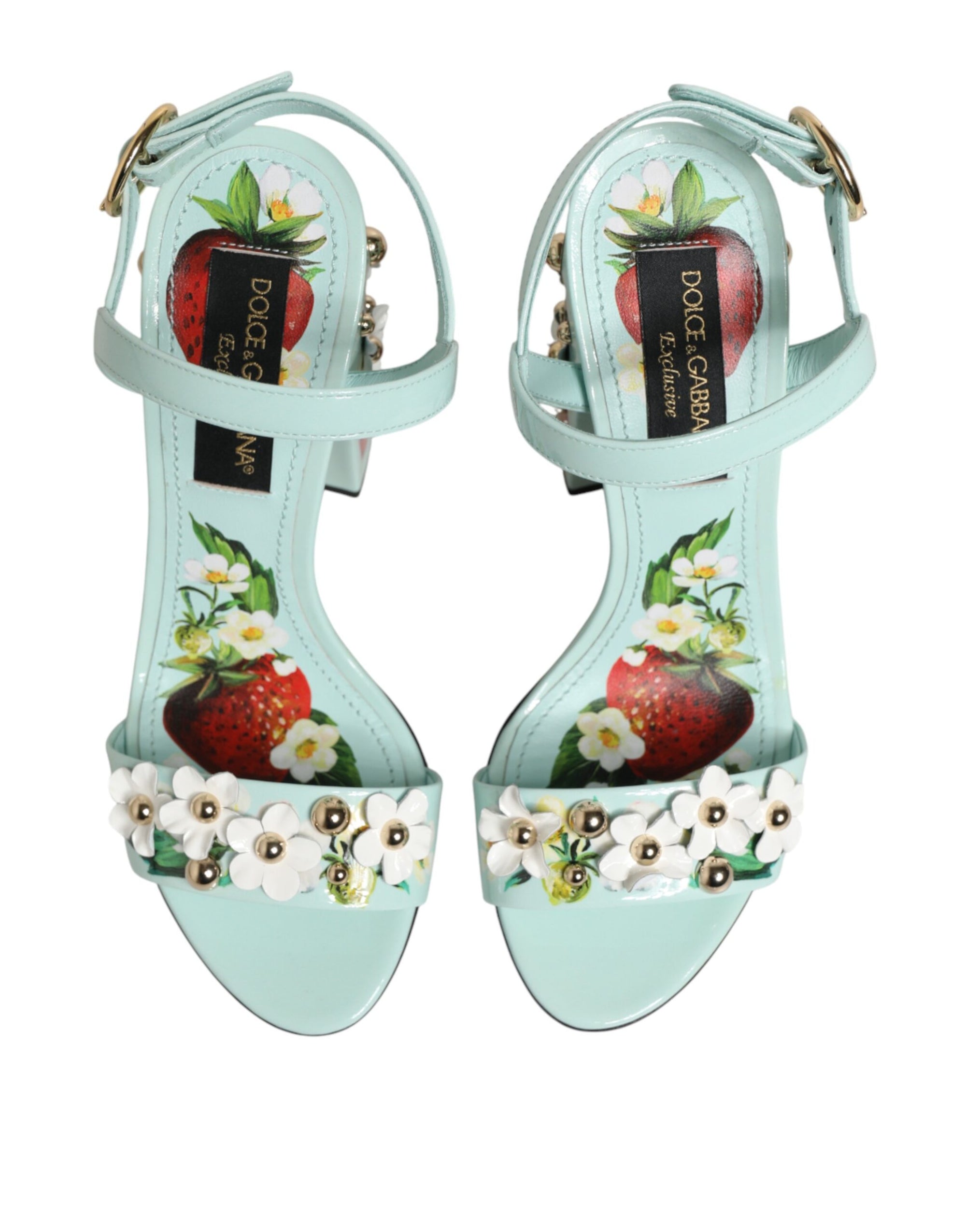 Dolce &amp; Gabbana Mint Green Floral Studs Heels Sandals Shoes