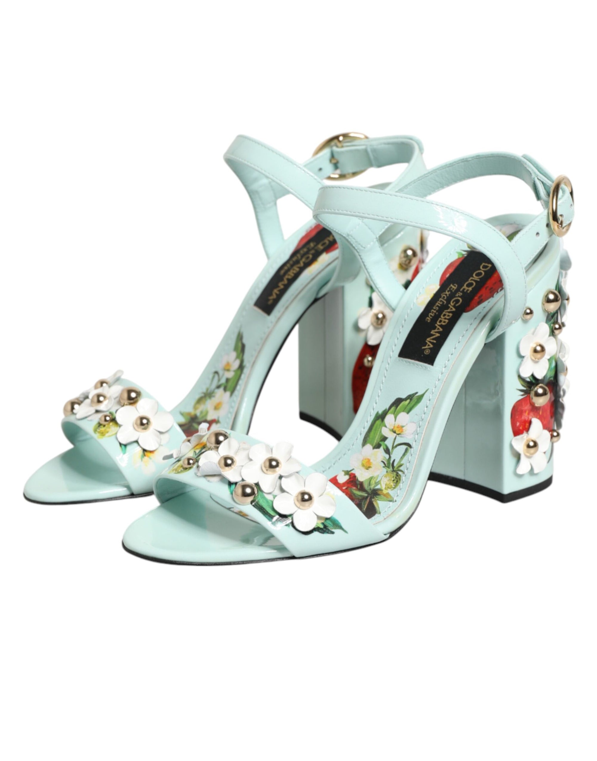 Dolce &amp; Gabbana Mint Green Floral Studs Heels Sandals Shoes