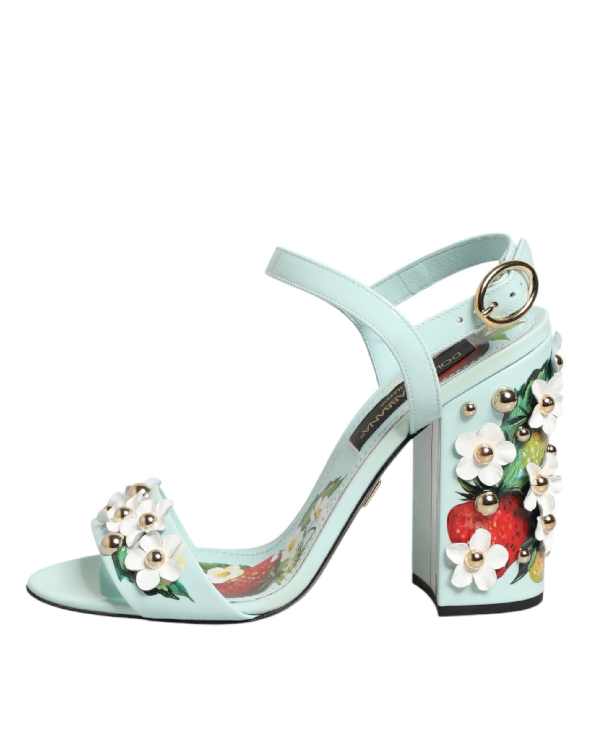 Dolce &amp; Gabbana Mint Green Floral Studs Heels Sandals Shoes