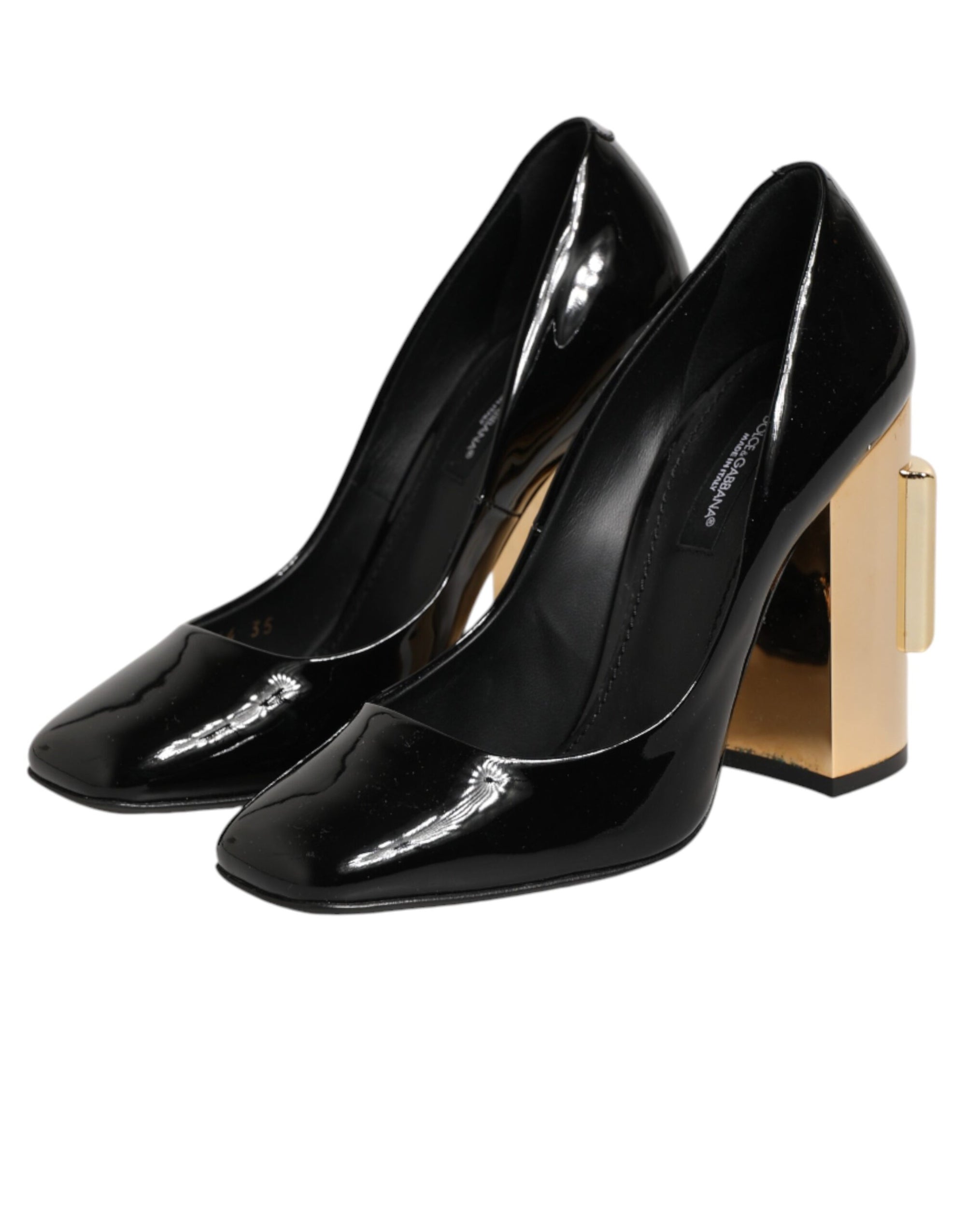 Dolce &amp; Gabbana Black Gold Patent Leather Logo Heels Pumps Shoes