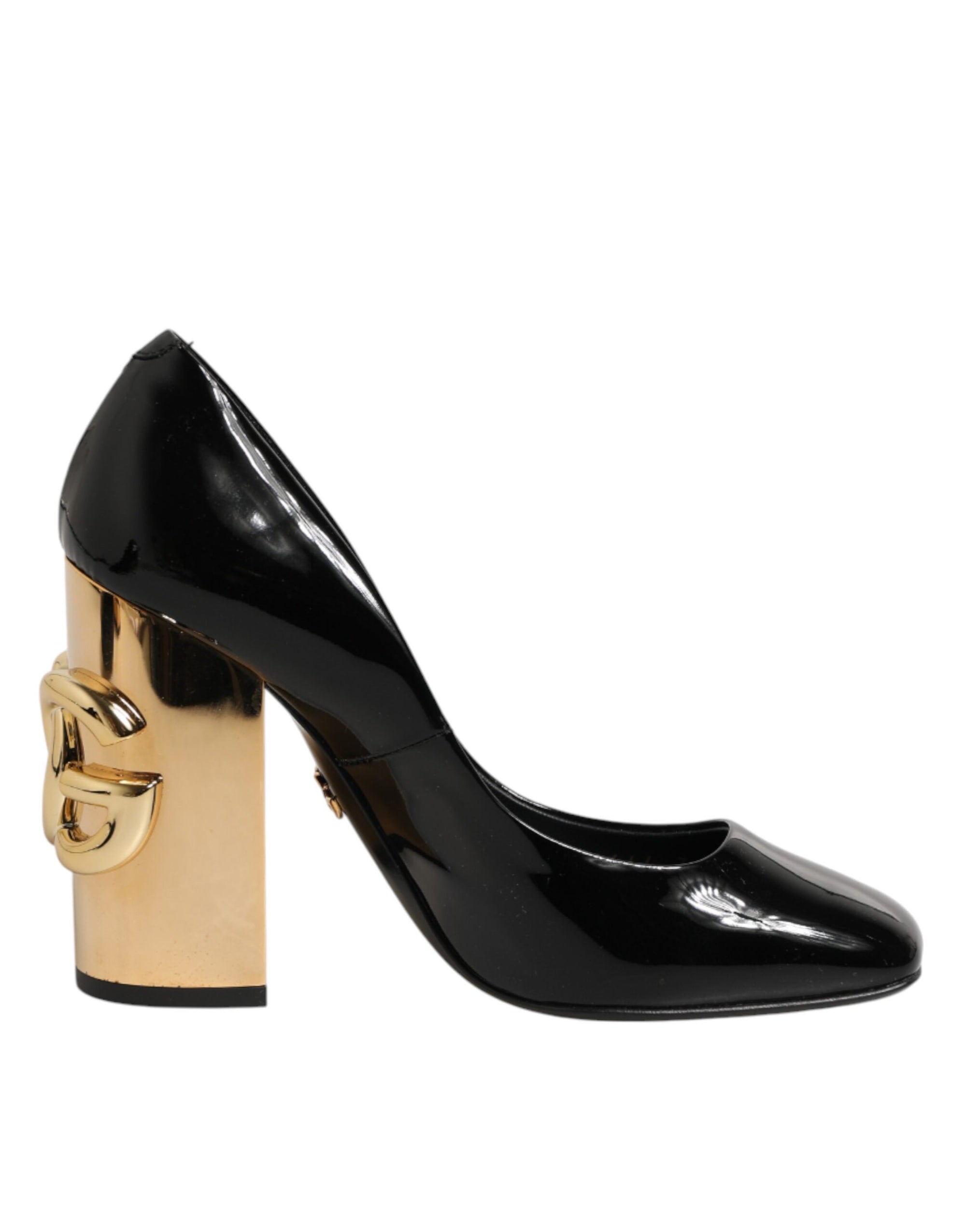 Dolce &amp; Gabbana Black Gold Patent Leather Logo Heels Pumps Shoes