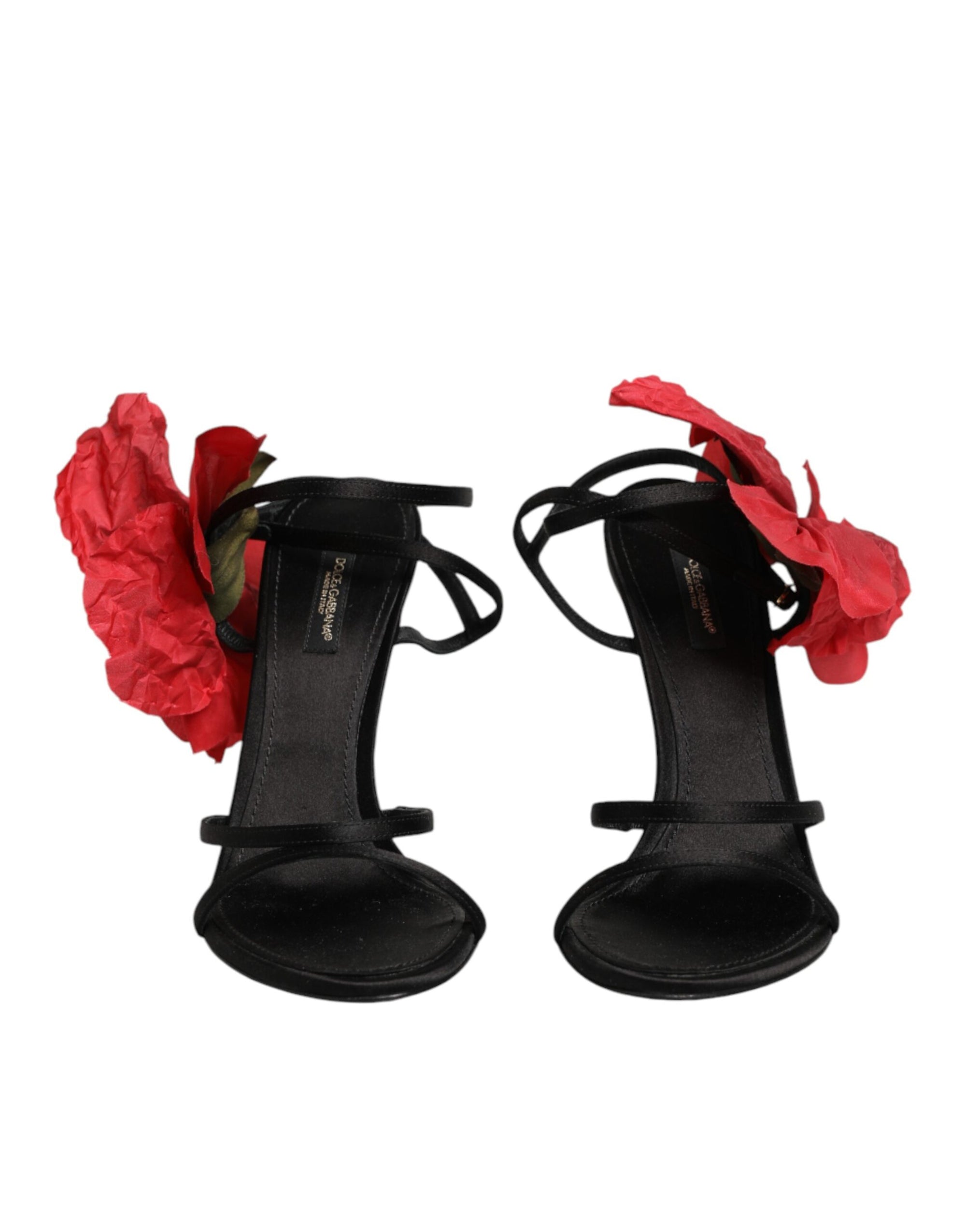 Dolce &amp; Gabbana Black Leather Strappy Flower Heels Sandals  Shoes