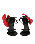 Dolce & Gabbana Black Leather Strappy Flower Heels Sandals  Shoes