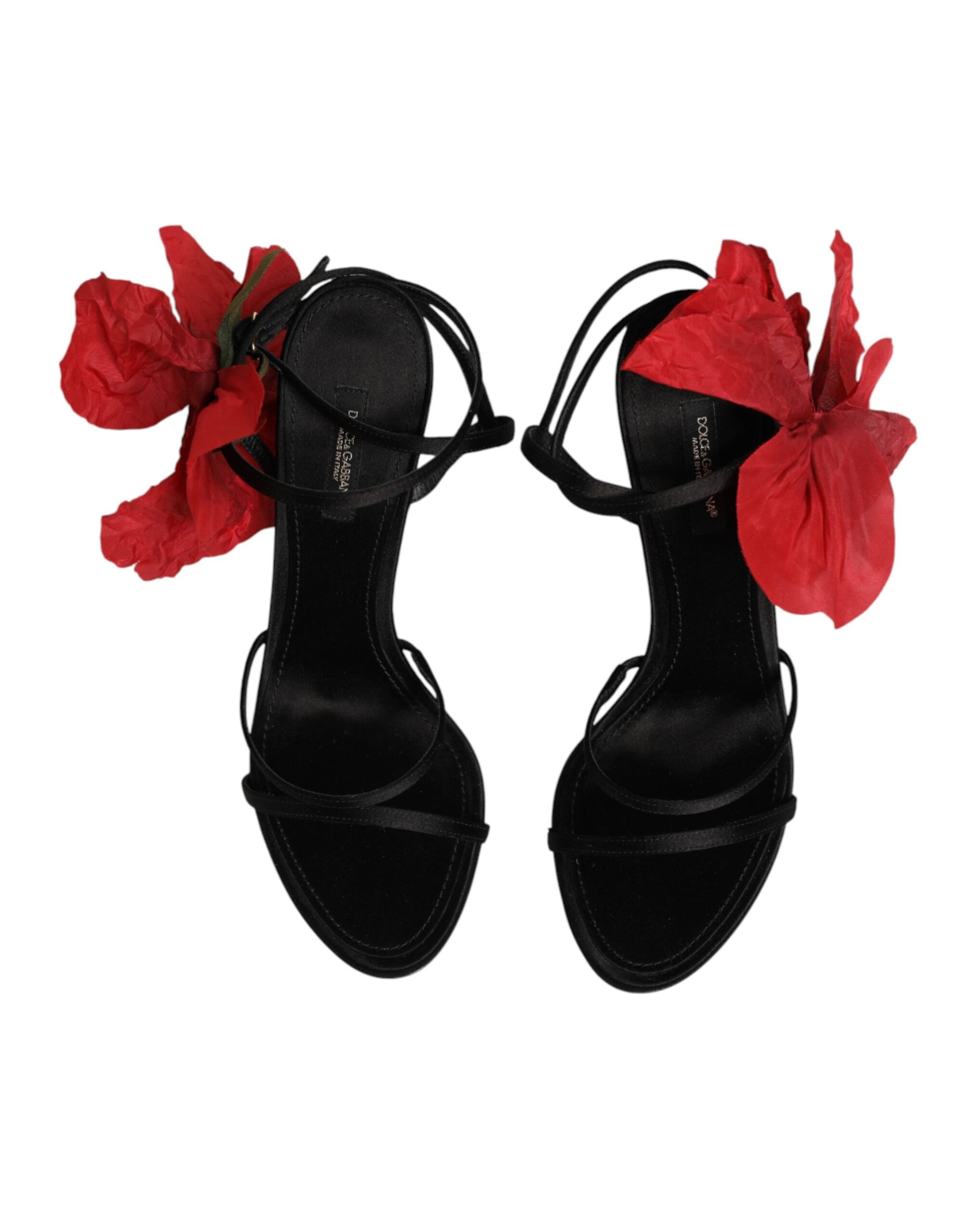Dolce &amp; Gabbana Black Leather Strappy Flower Heels Sandals  Shoes