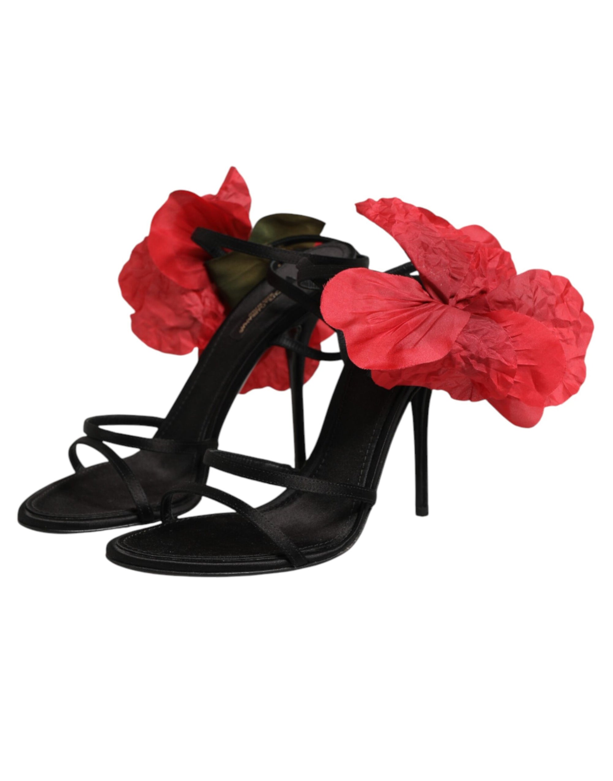 Dolce &amp; Gabbana Black Leather Strappy Flower Heels Sandals  Shoes