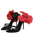 Dolce & Gabbana Black Leather Strappy Flower Heels Sandals  Shoes