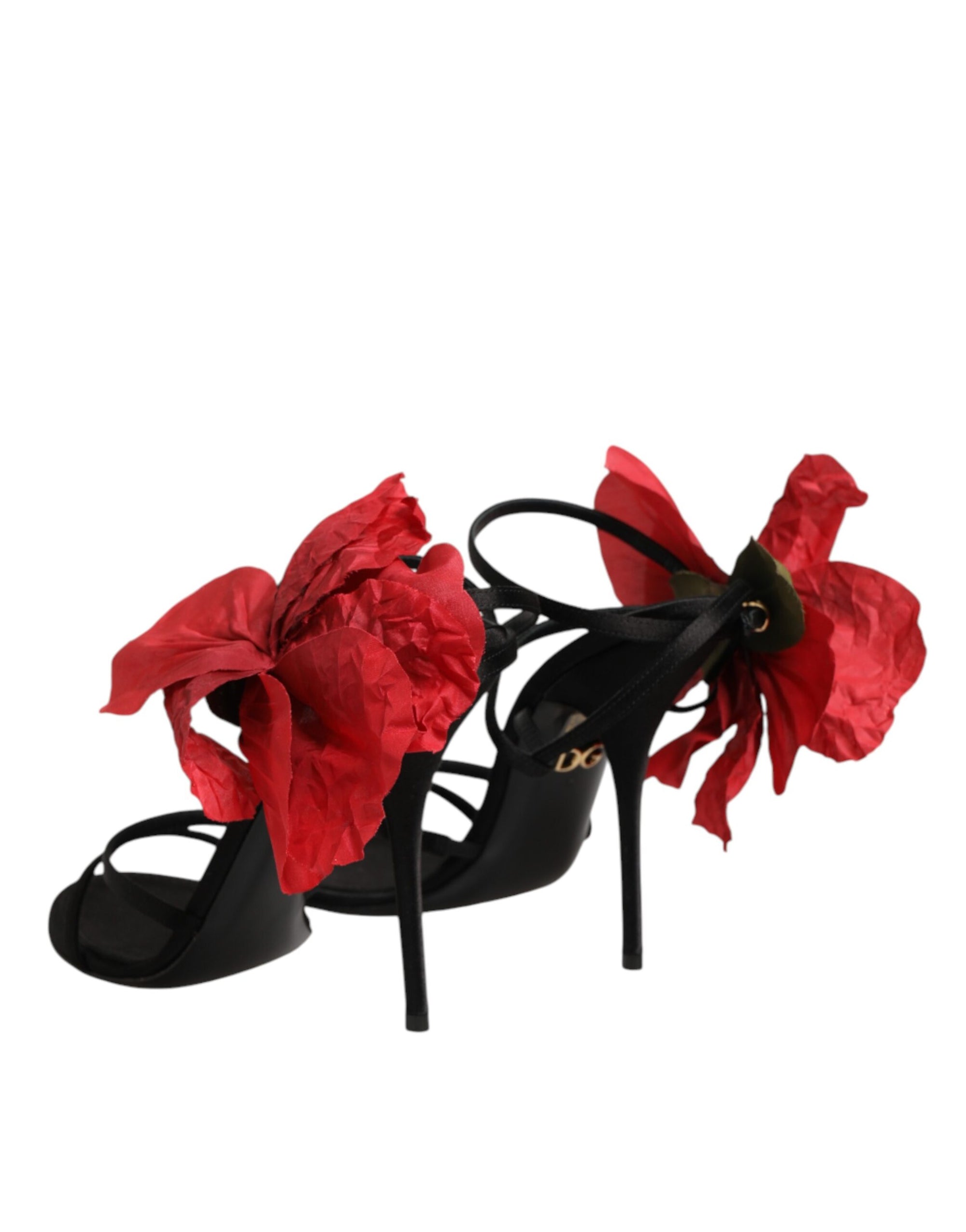 Dolce &amp; Gabbana Black Leather Strappy Flower Heels Sandals  Shoes