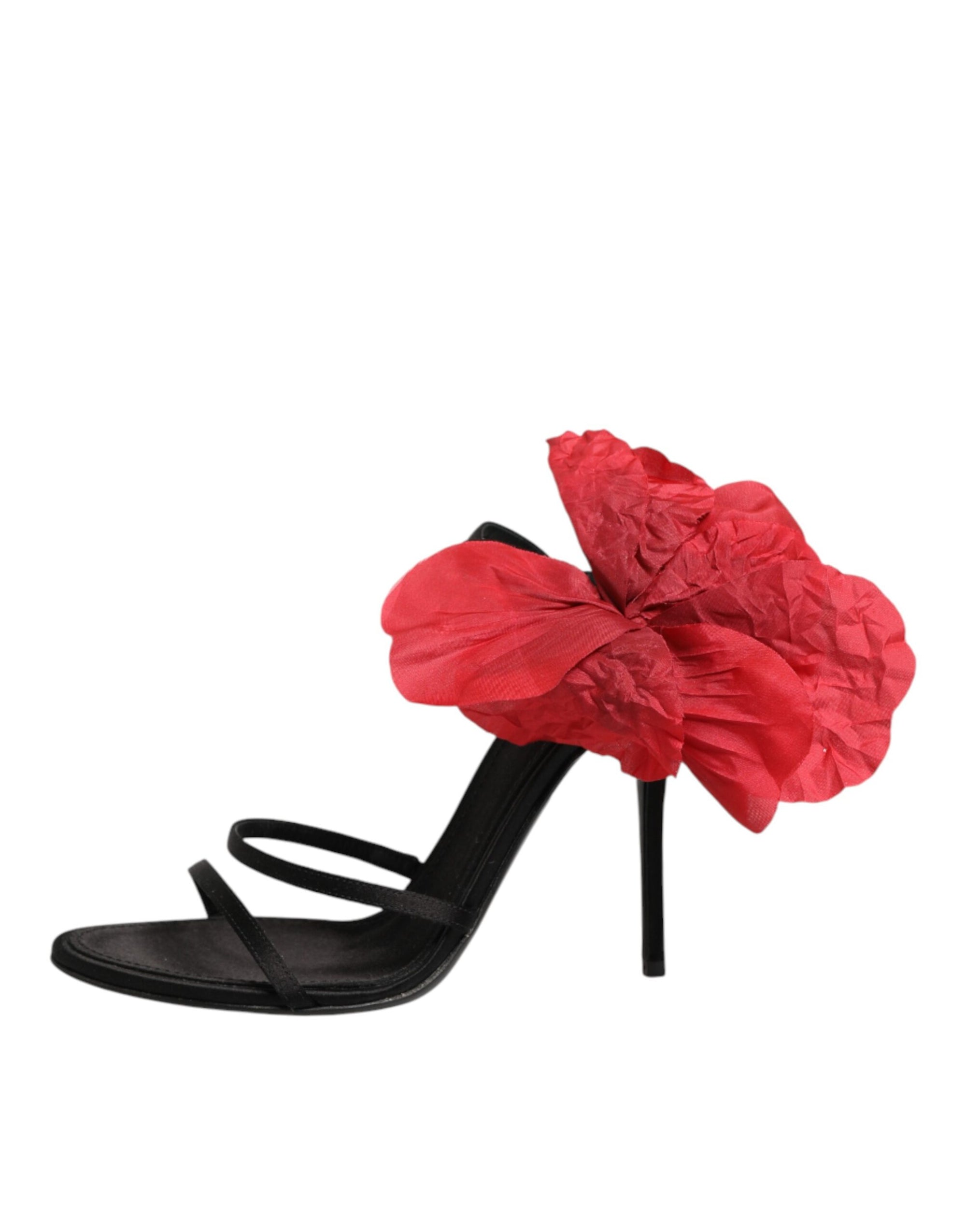 Dolce &amp; Gabbana Black Leather Strappy Flower Heels Sandals  Shoes