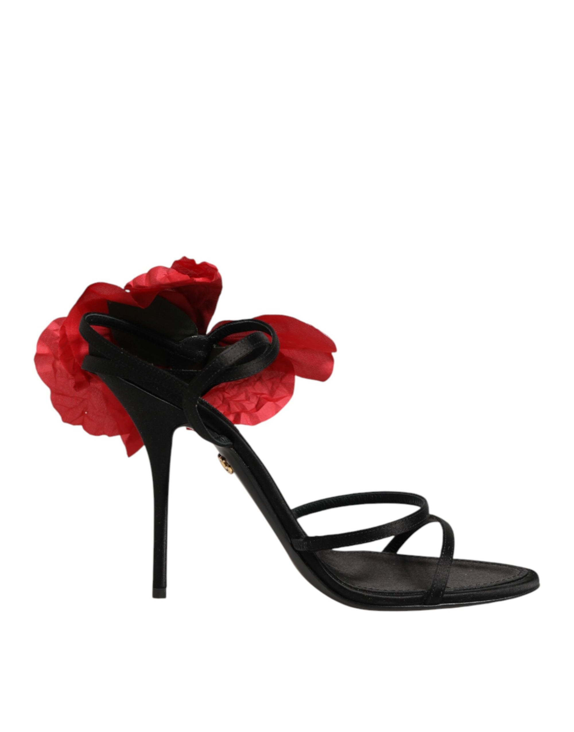 Dolce &amp; Gabbana Black Leather Strappy Flower Heels Sandals  Shoes