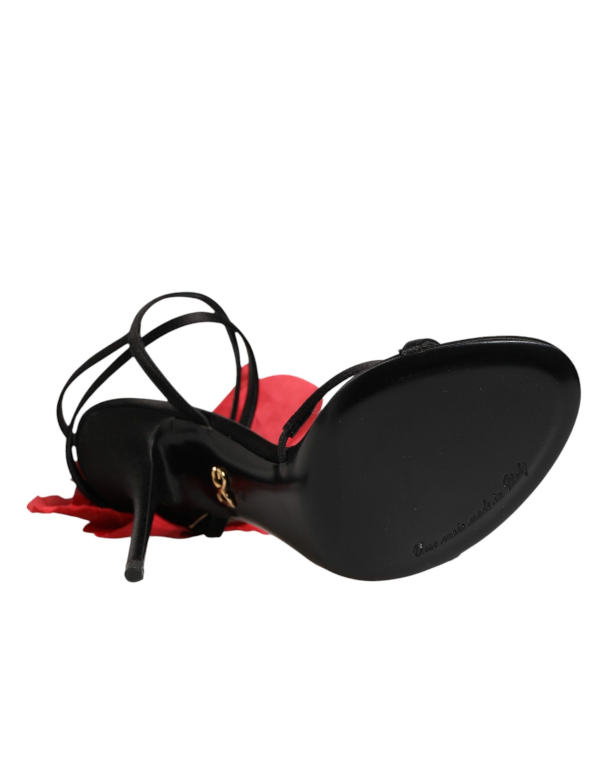 Dolce &amp; Gabbana Black Leather Strappy Flower Heels Sandals  Shoes