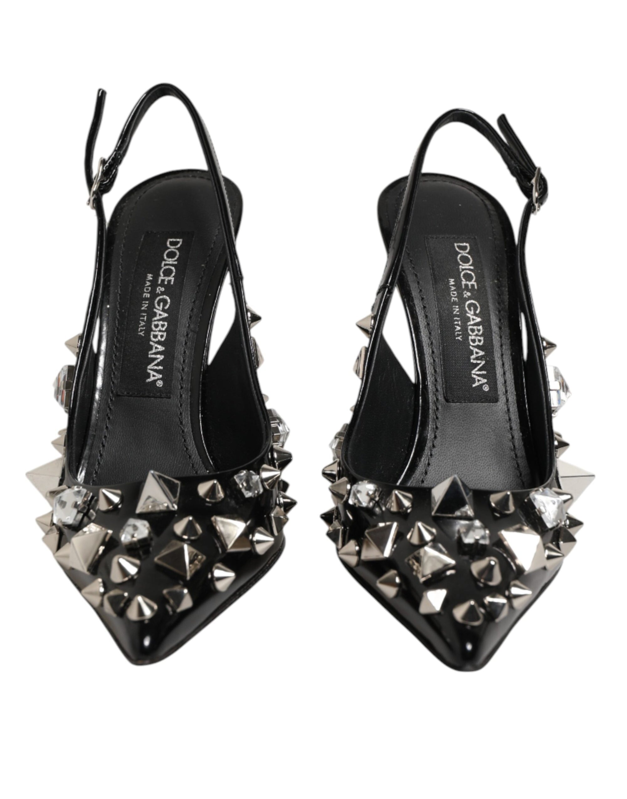 Dolce &amp; Gabbana Black Studded Leather Heels Slingbacks Shoes