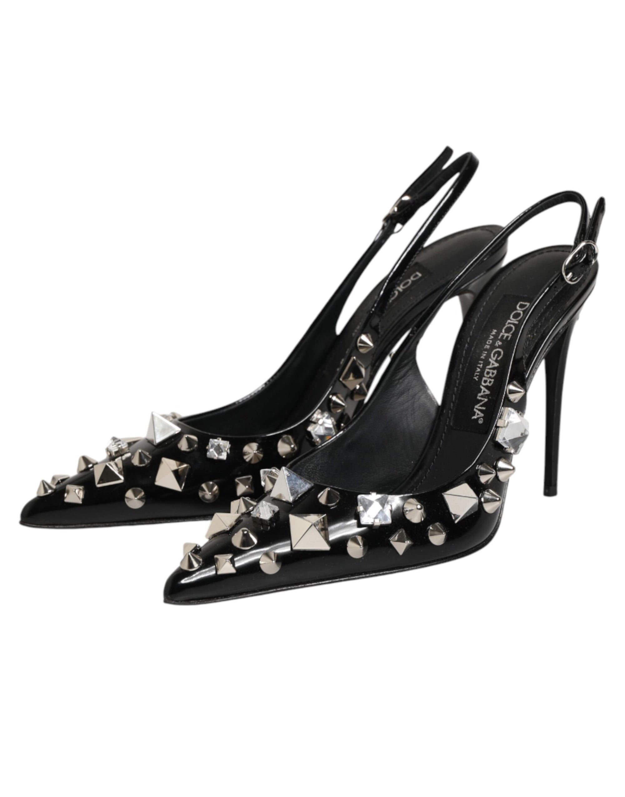 Dolce &amp; Gabbana Black Studded Leather Heels Slingbacks Shoes