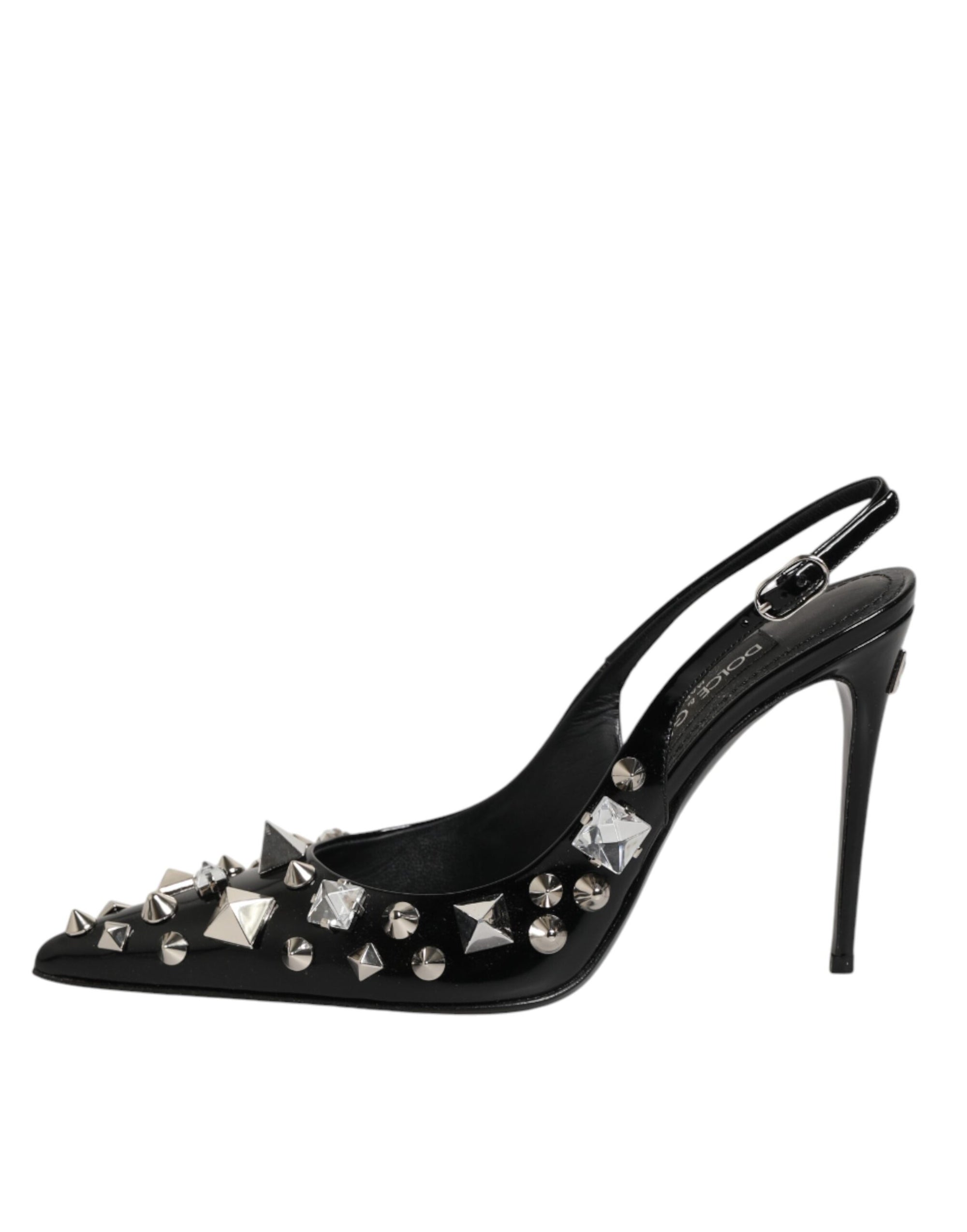Dolce &amp; Gabbana Black Studded Leather Heels Slingbacks Shoes