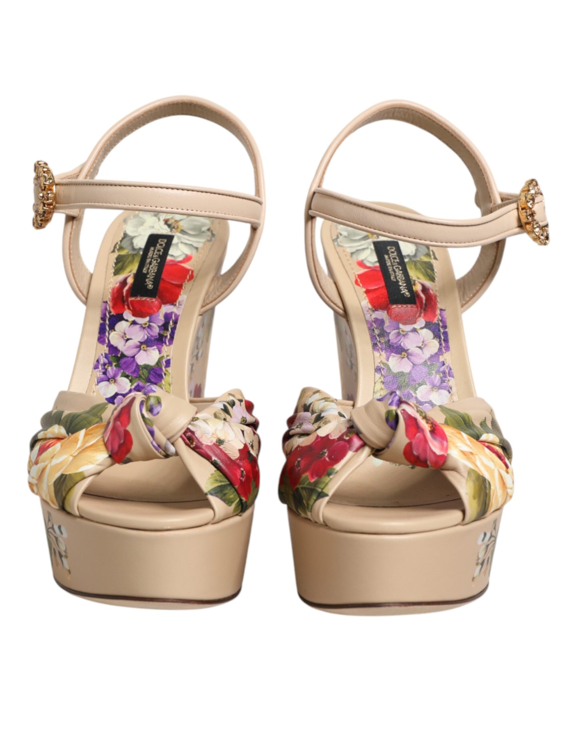 Dolce &amp; Gabbana Beige Floral Ankle Strap Wedge Sandals Shoes