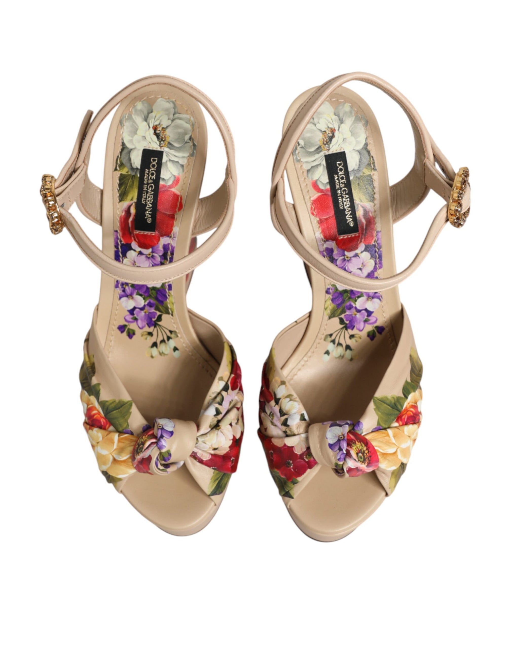 Dolce &amp; Gabbana Beige Floral Ankle Strap Wedge Sandals Shoes