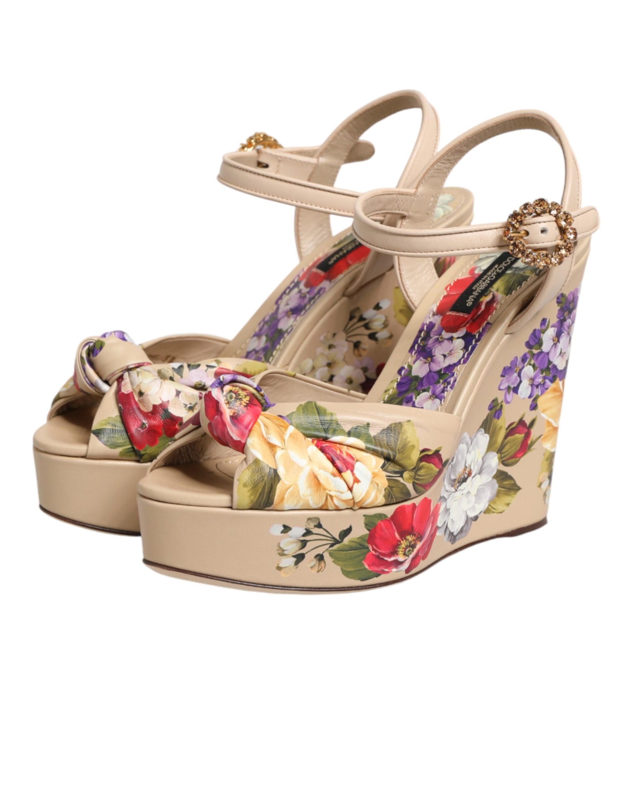 Dolce &amp; Gabbana Beige Floral Ankle Strap Wedge Sandals Shoes