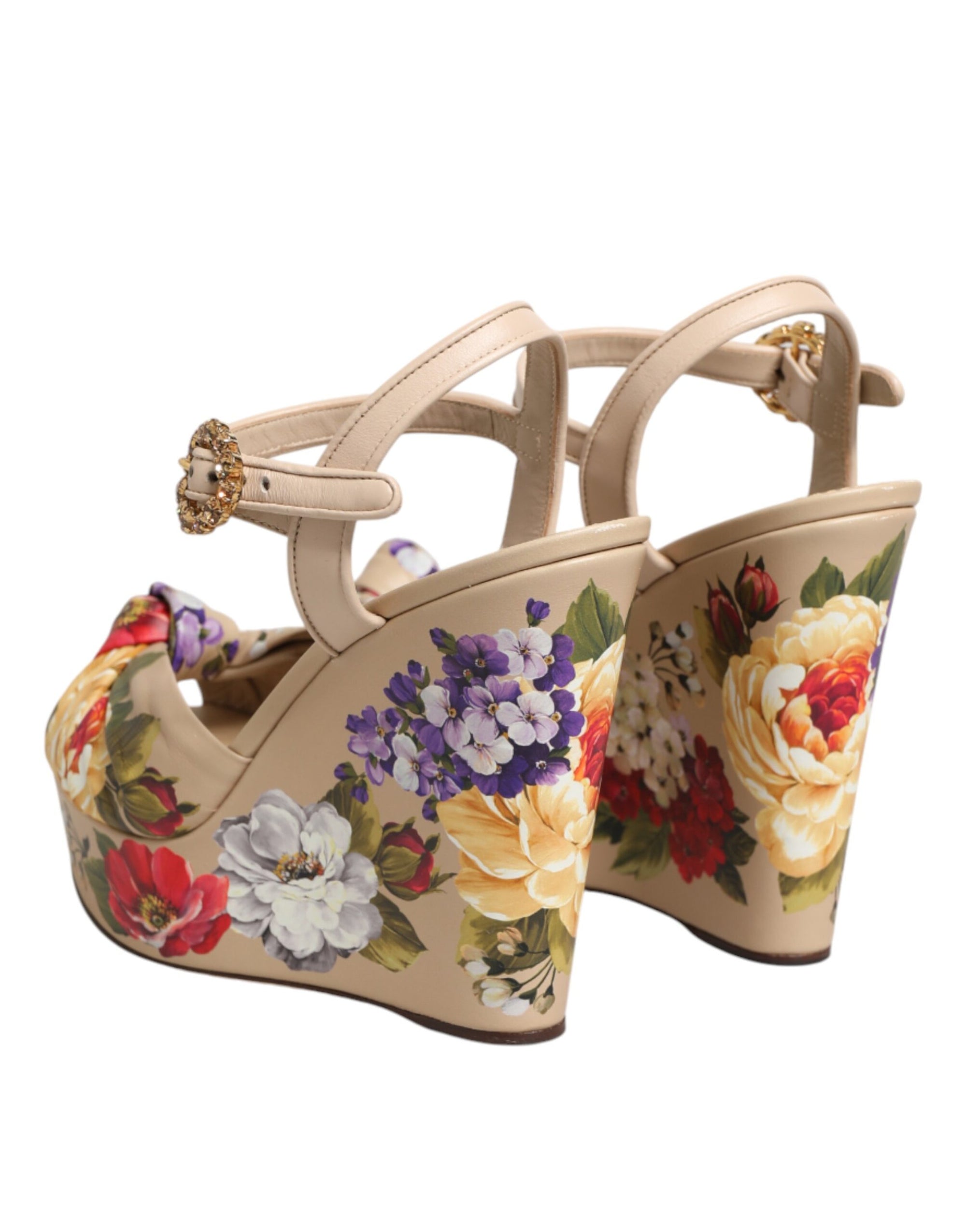 Dolce &amp; Gabbana Beige Floral Ankle Strap Wedge Sandals Shoes