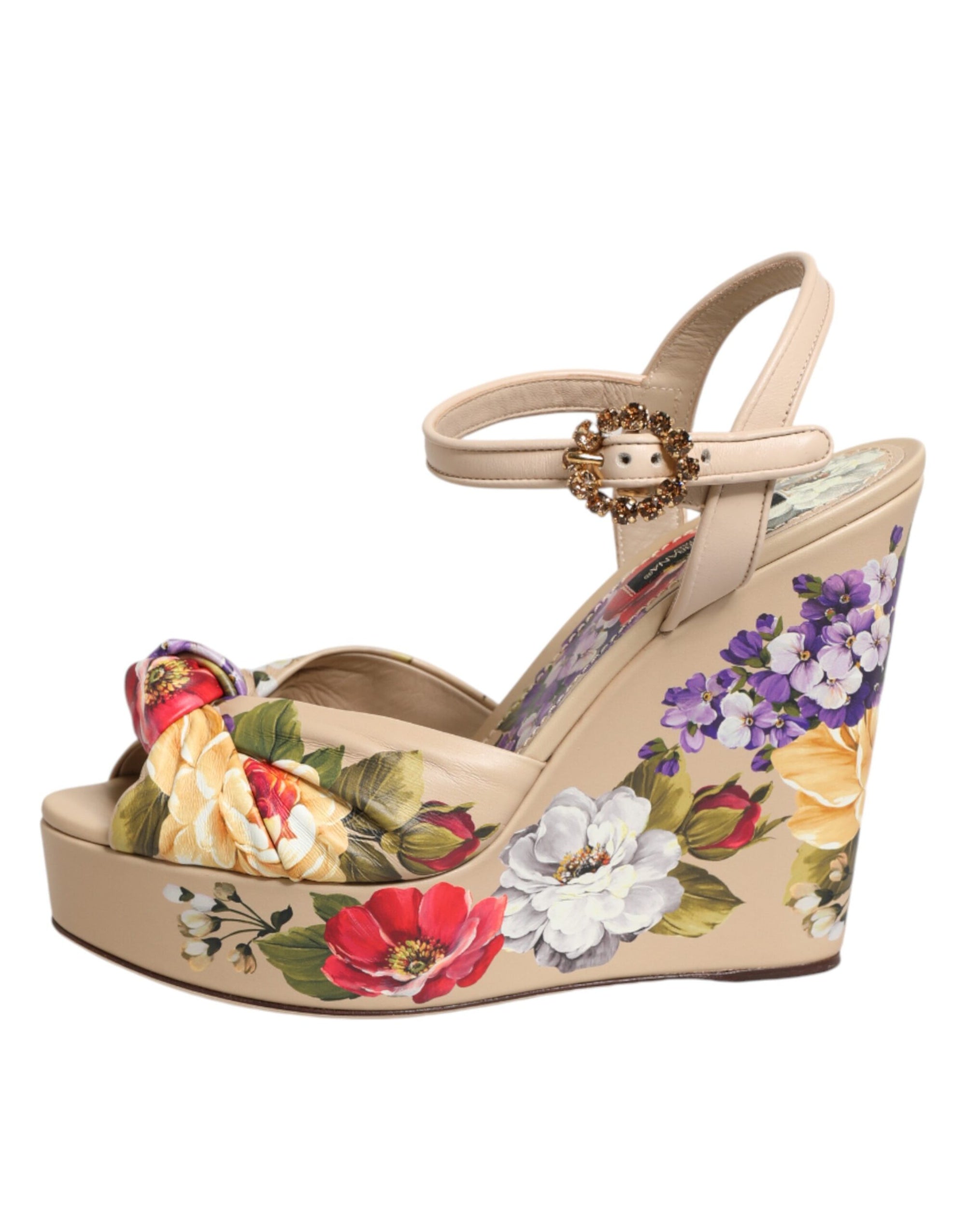 Dolce &amp; Gabbana Beige Floral Ankle Strap Wedge Sandals Shoes