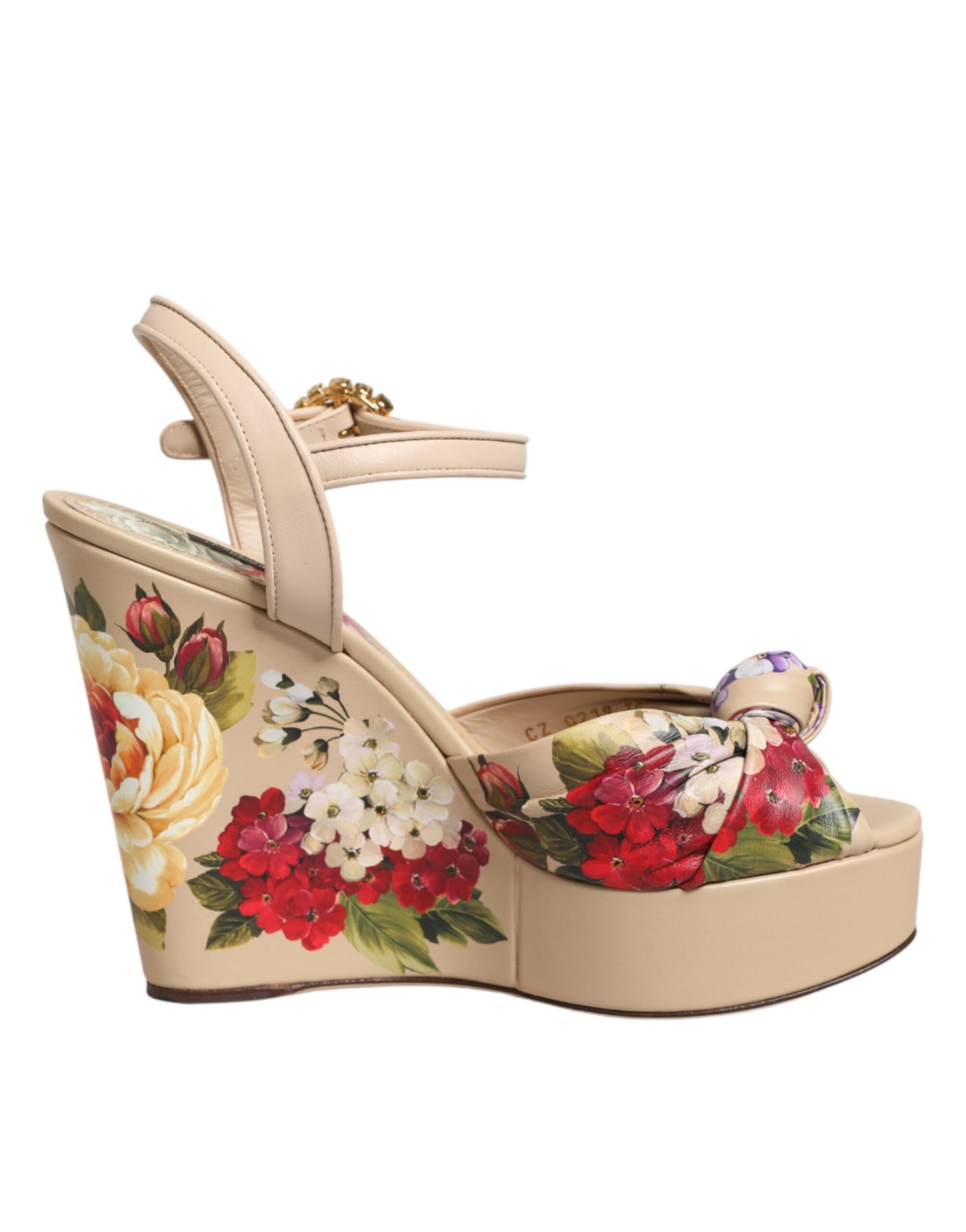 Dolce &amp; Gabbana Beige Floral Ankle Strap Wedge Sandals Shoes
