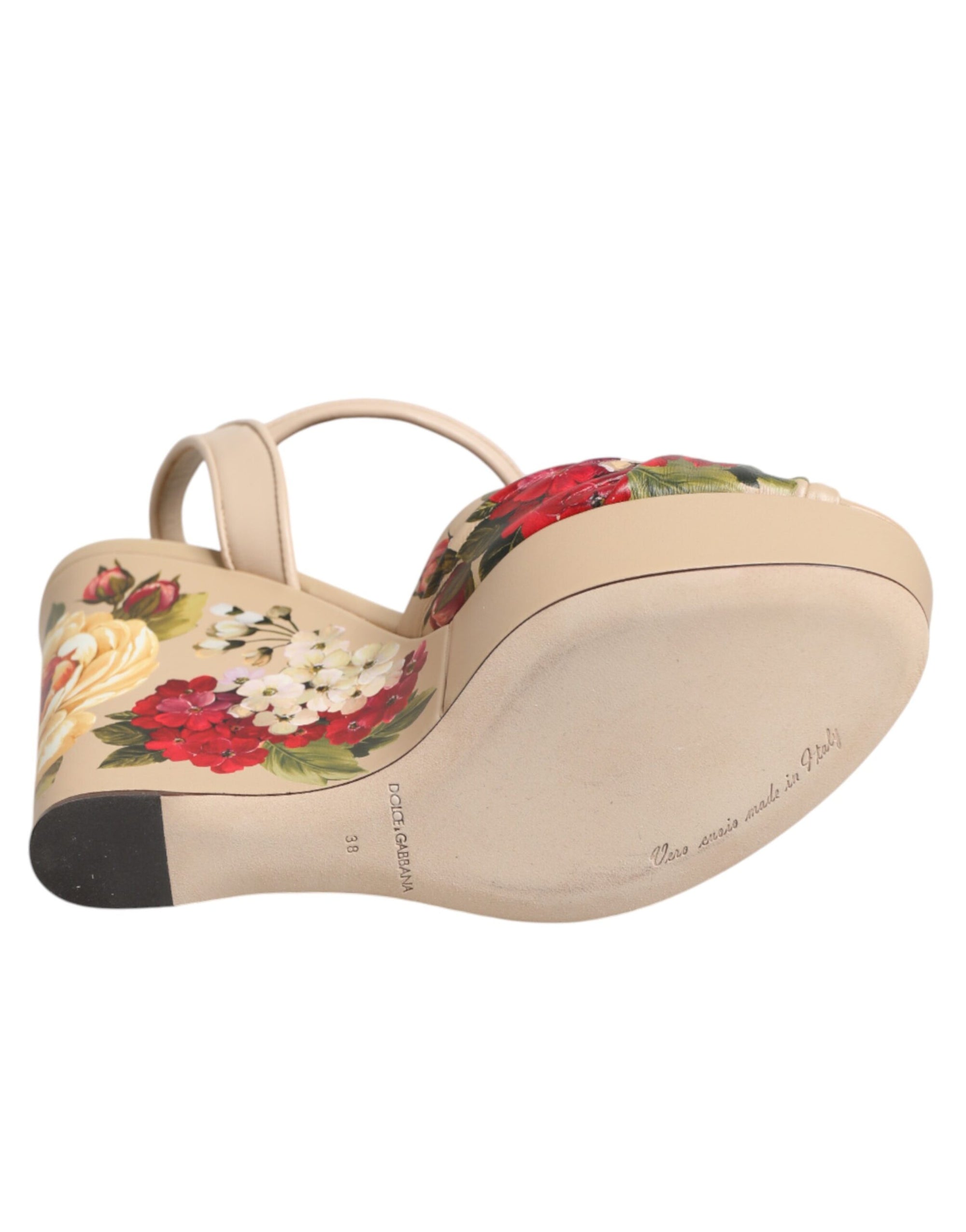Dolce &amp; Gabbana Beige Floral Ankle Strap Wedge Sandals Shoes
