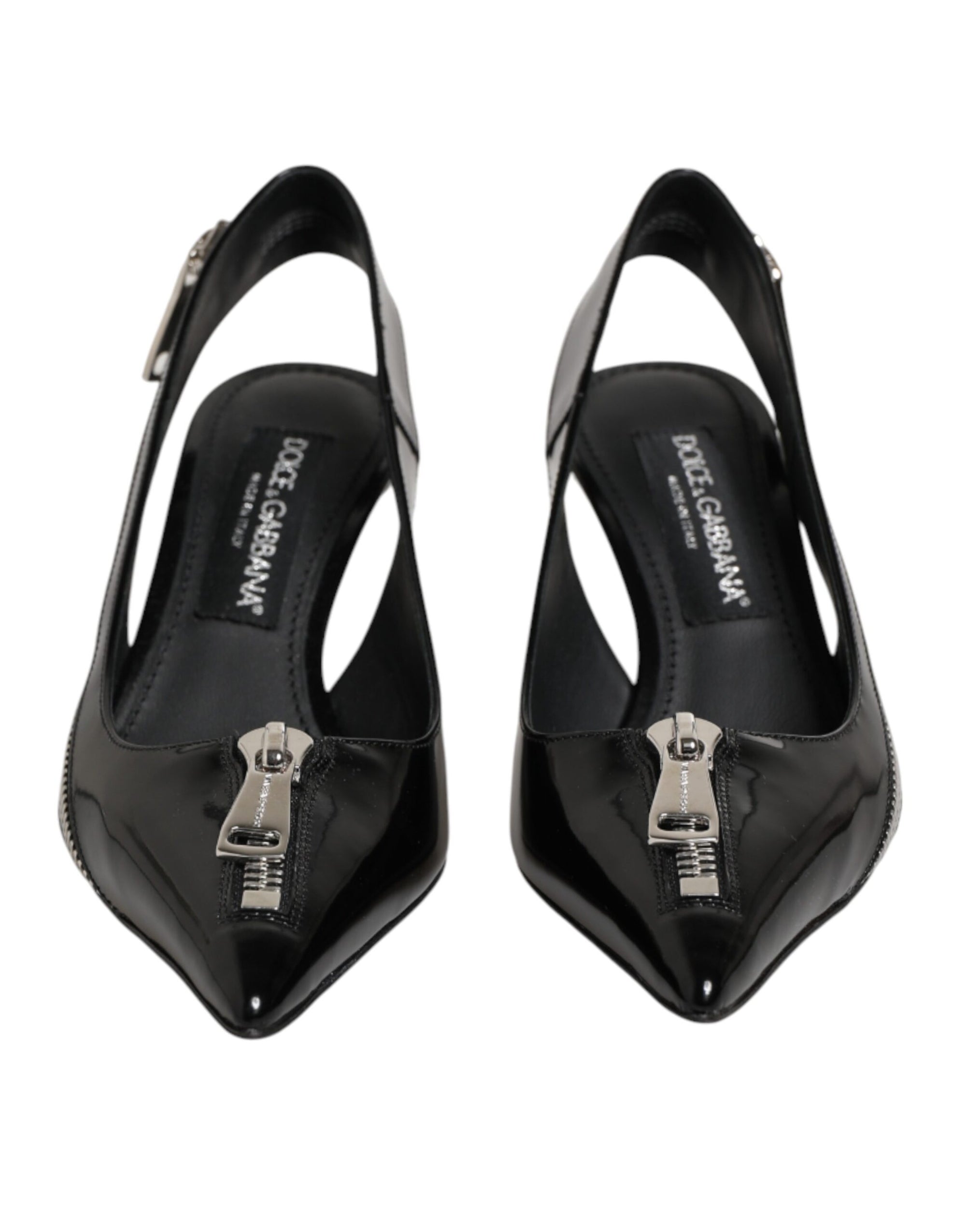 Dolce &amp; Gabbana Black Zipper Leather Heels Slingbacks Shoes